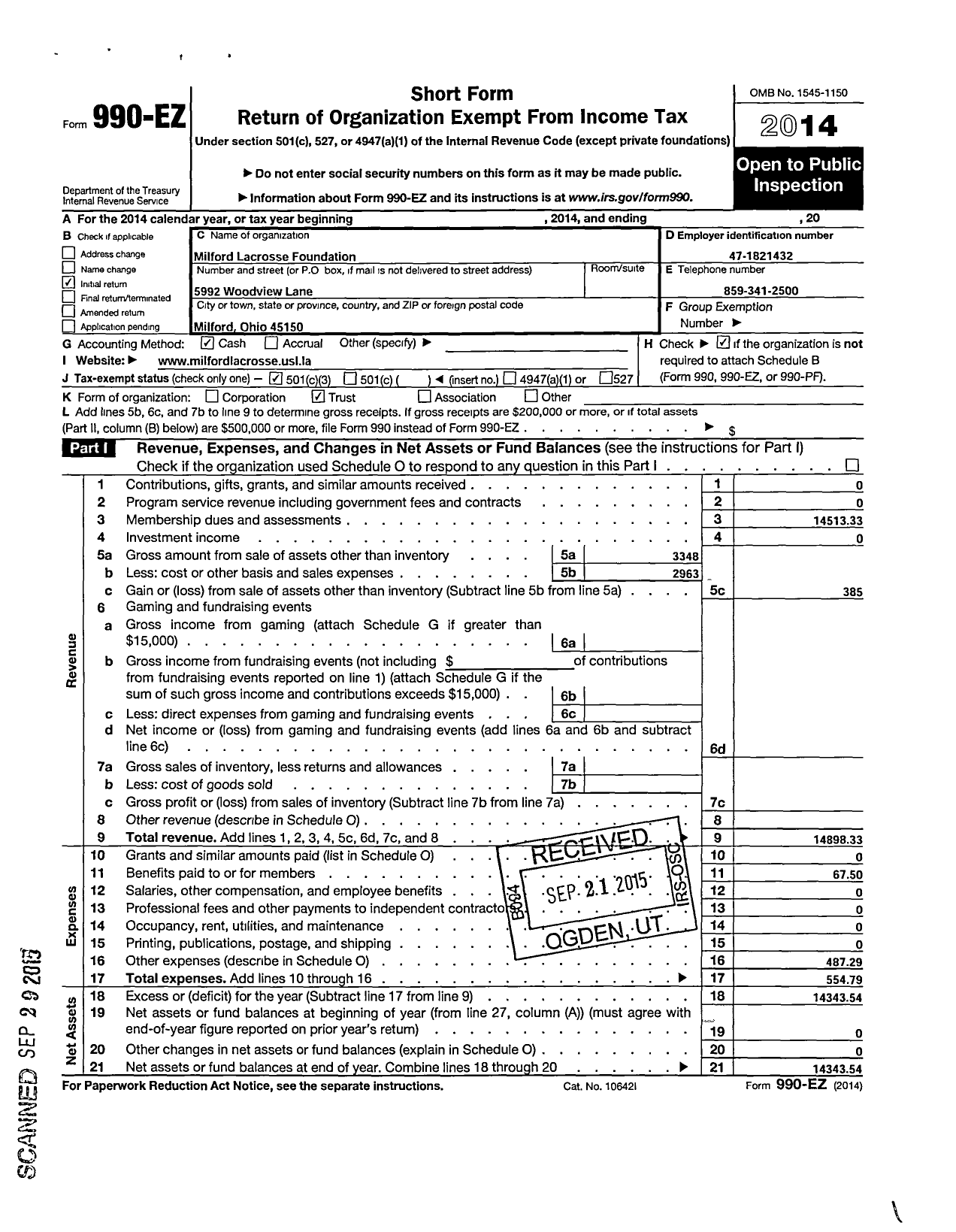 Image of first page of 2014 Form 990EZ for Milford Lacrosse Foundation