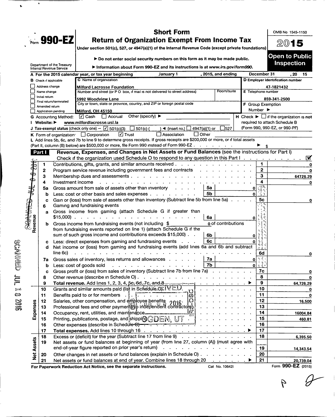 Image of first page of 2015 Form 990EZ for Milford Lacrosse Foundation