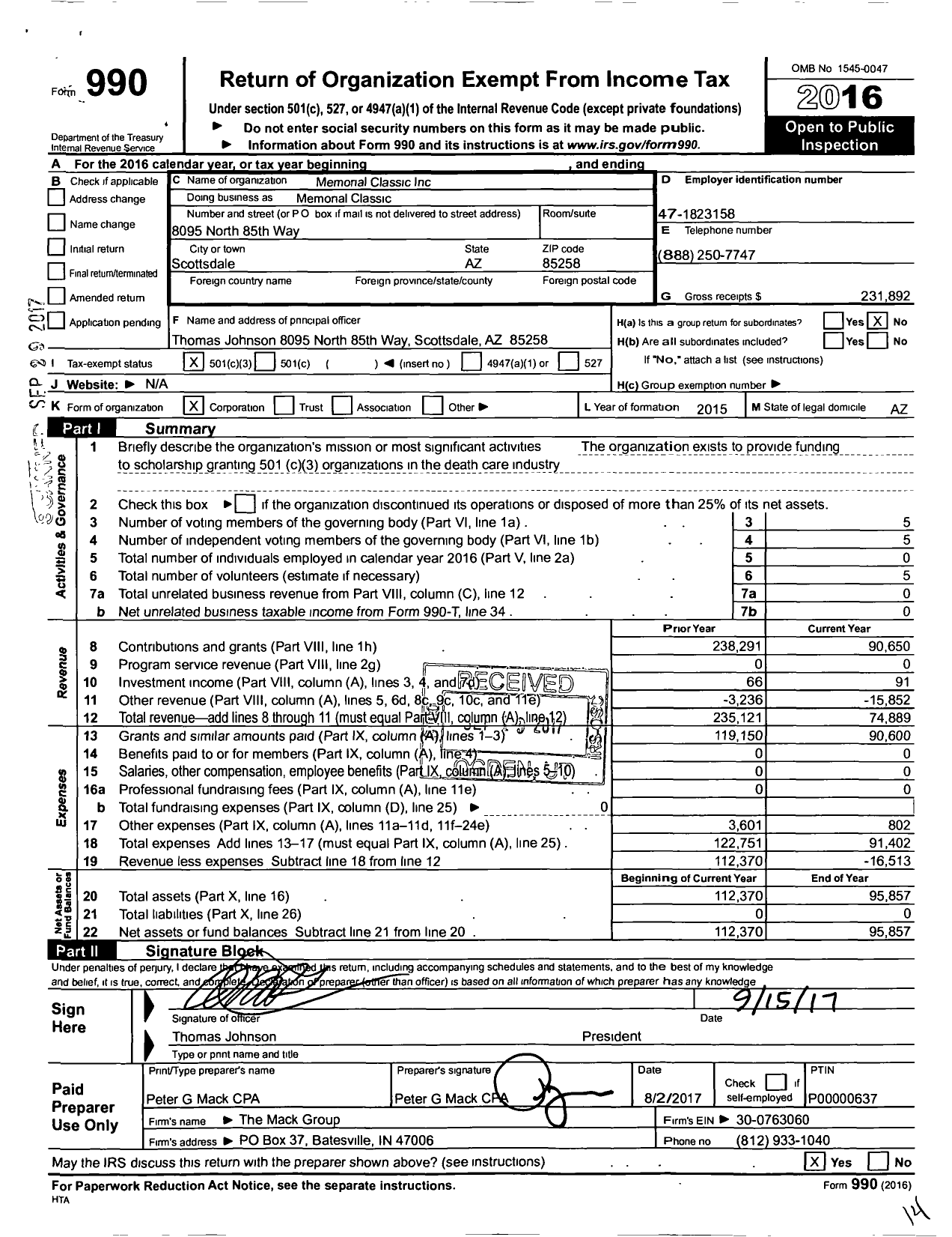 Image of first page of 2016 Form 990 for Memorial Classic