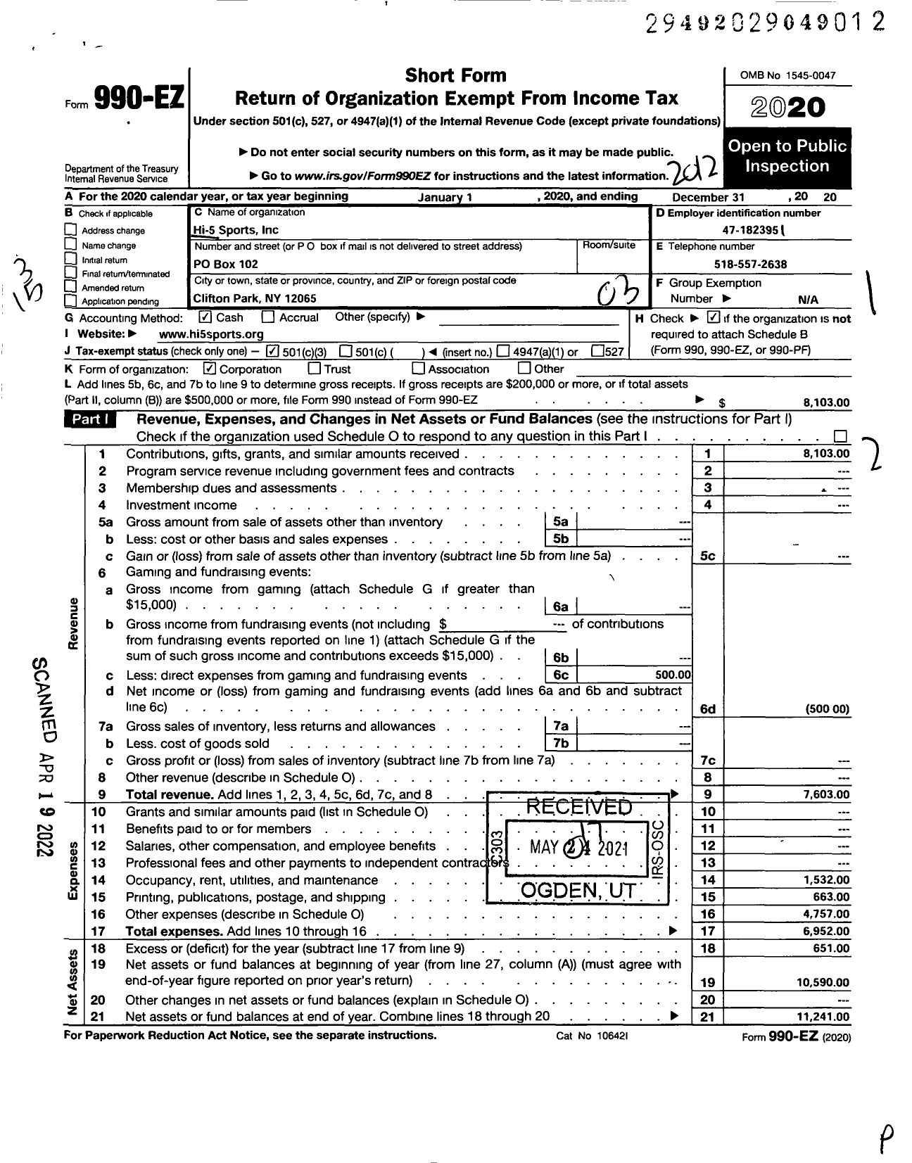 Image of first page of 2020 Form 990EZ for Hi-5 Sports