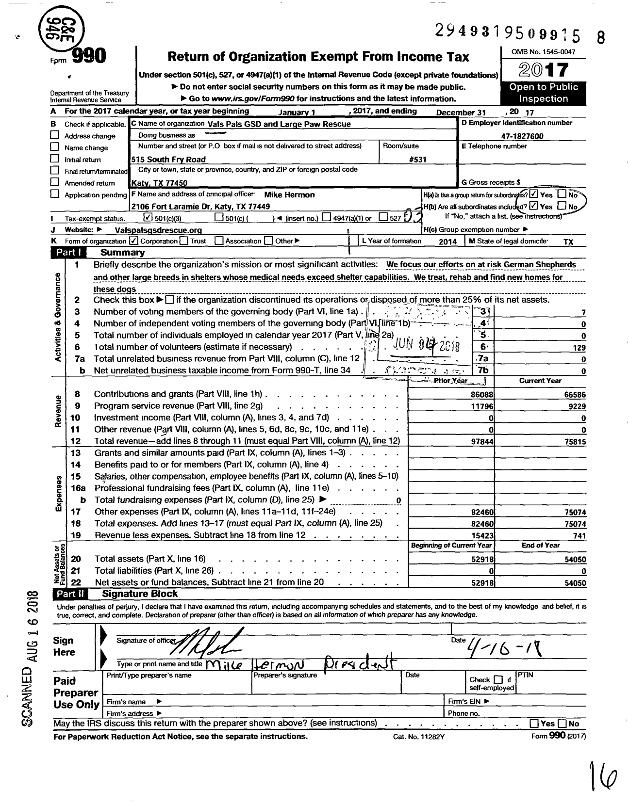 Image of first page of 2017 Form 990 for Vals Pals GSD and Large Paw Rescue