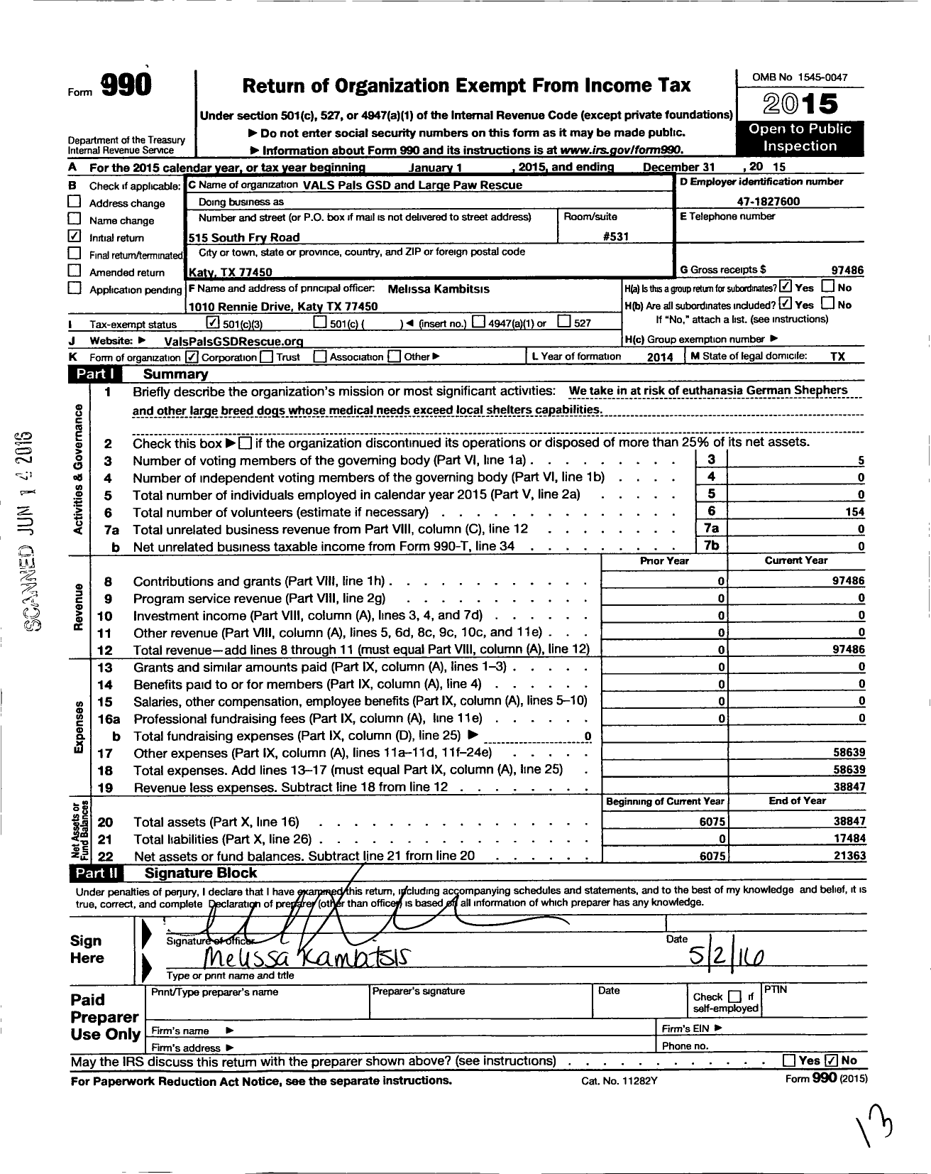 Image of first page of 2015 Form 990 for Vals Pals GSD and Large Paw Rescue