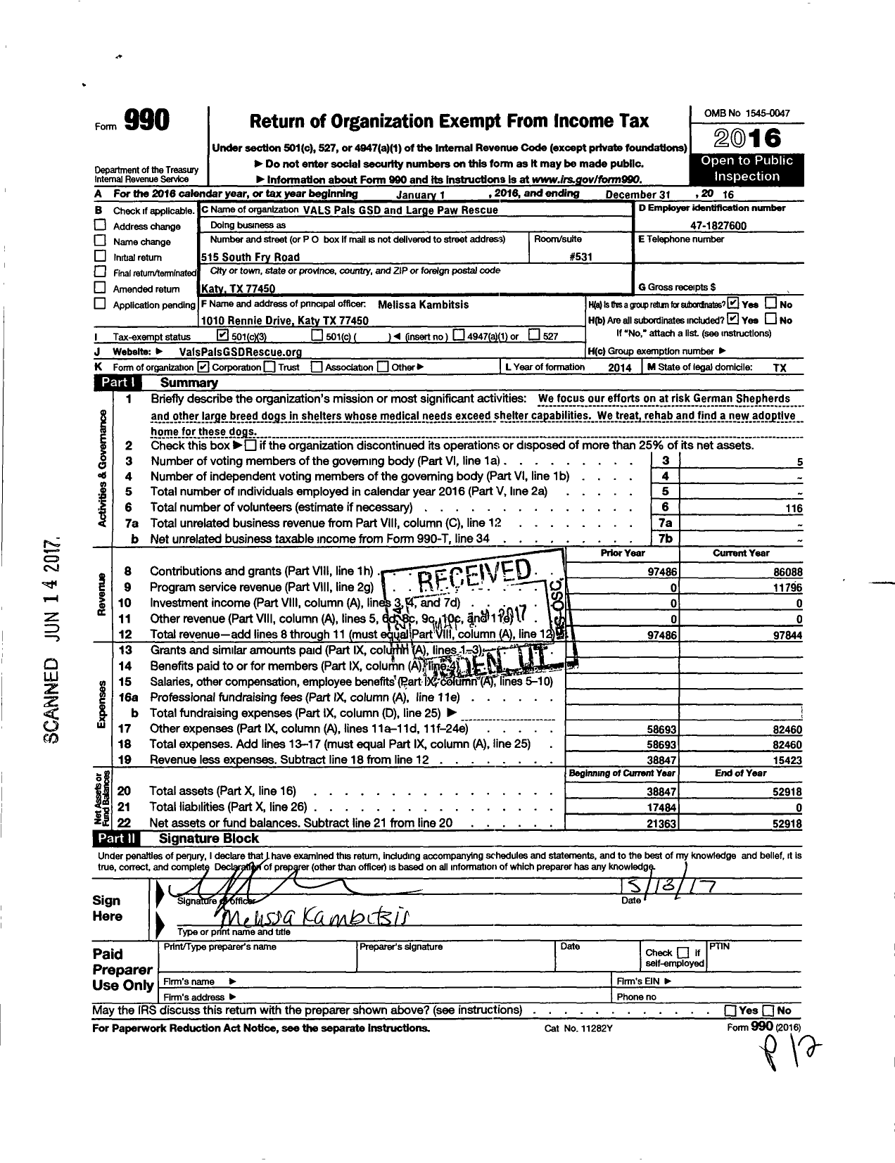 Image of first page of 2016 Form 990 for Vals Pals GSD and Large Paw Rescue