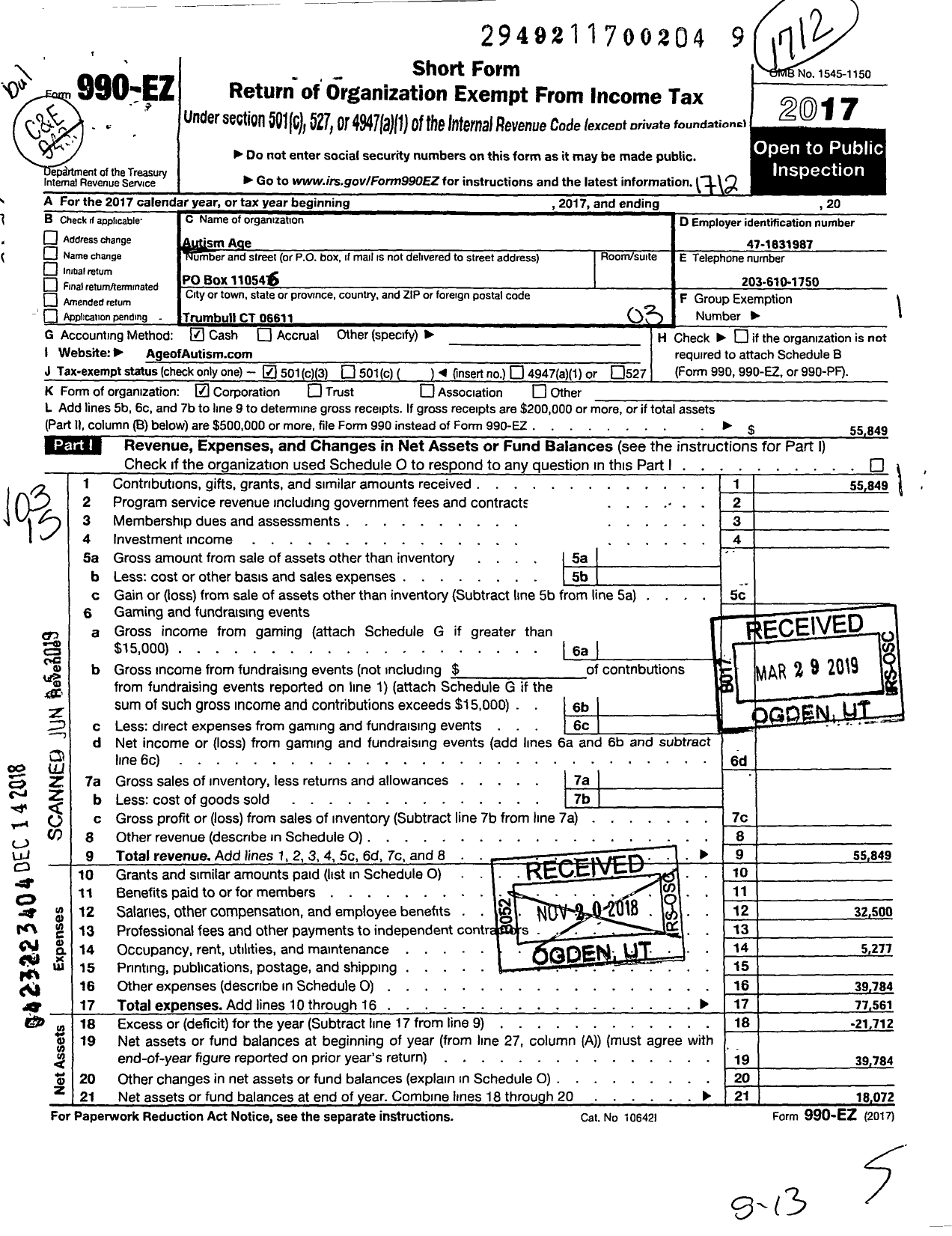 Image of first page of 2017 Form 990EZ for Autism Age