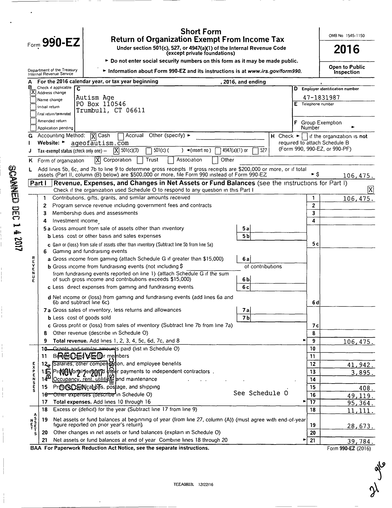 Image of first page of 2016 Form 990EZ for Autism Age