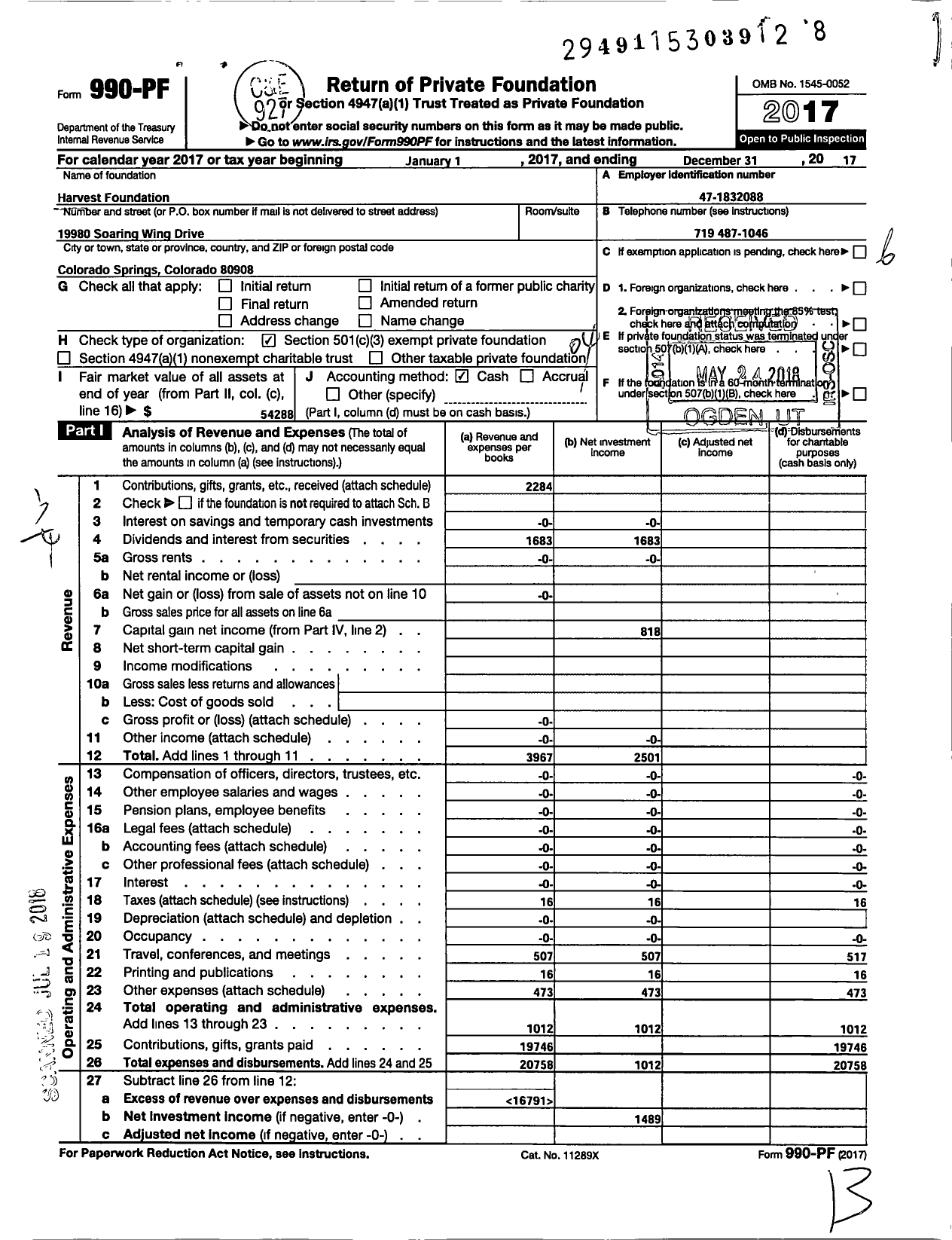 Image of first page of 2017 Form 990PF for Harvest Foundation