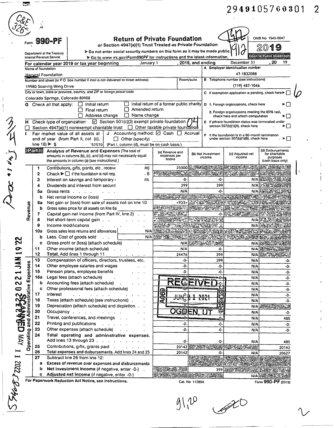 Image of first page of 2019 Form 990PF for Harvest Foundation