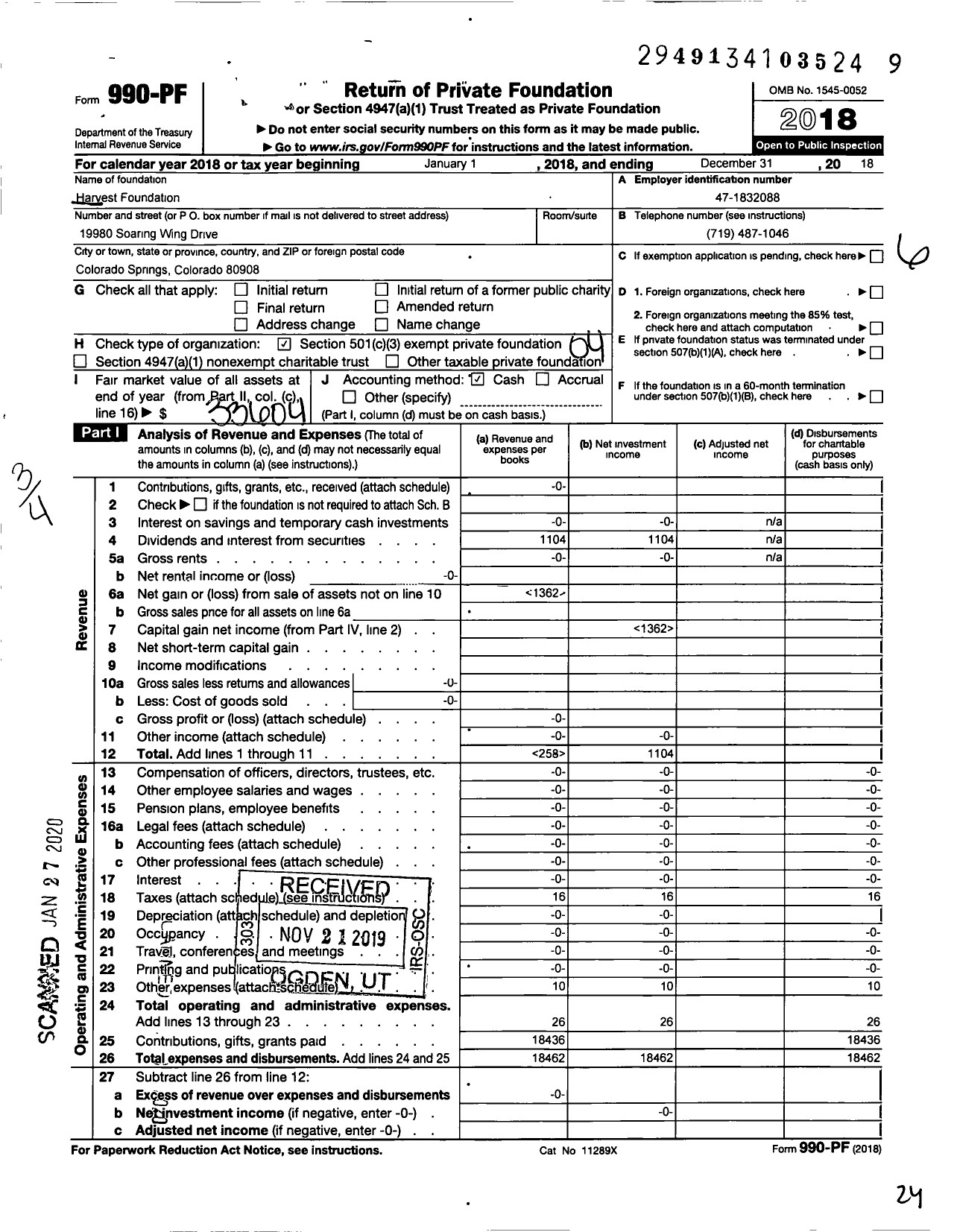 Image of first page of 2018 Form 990PF for Harvest Foundation