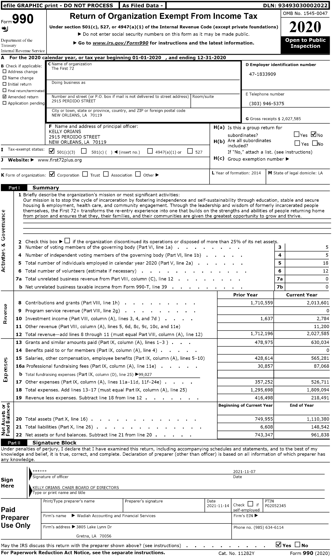 Image of first page of 2020 Form 990 for The First 72