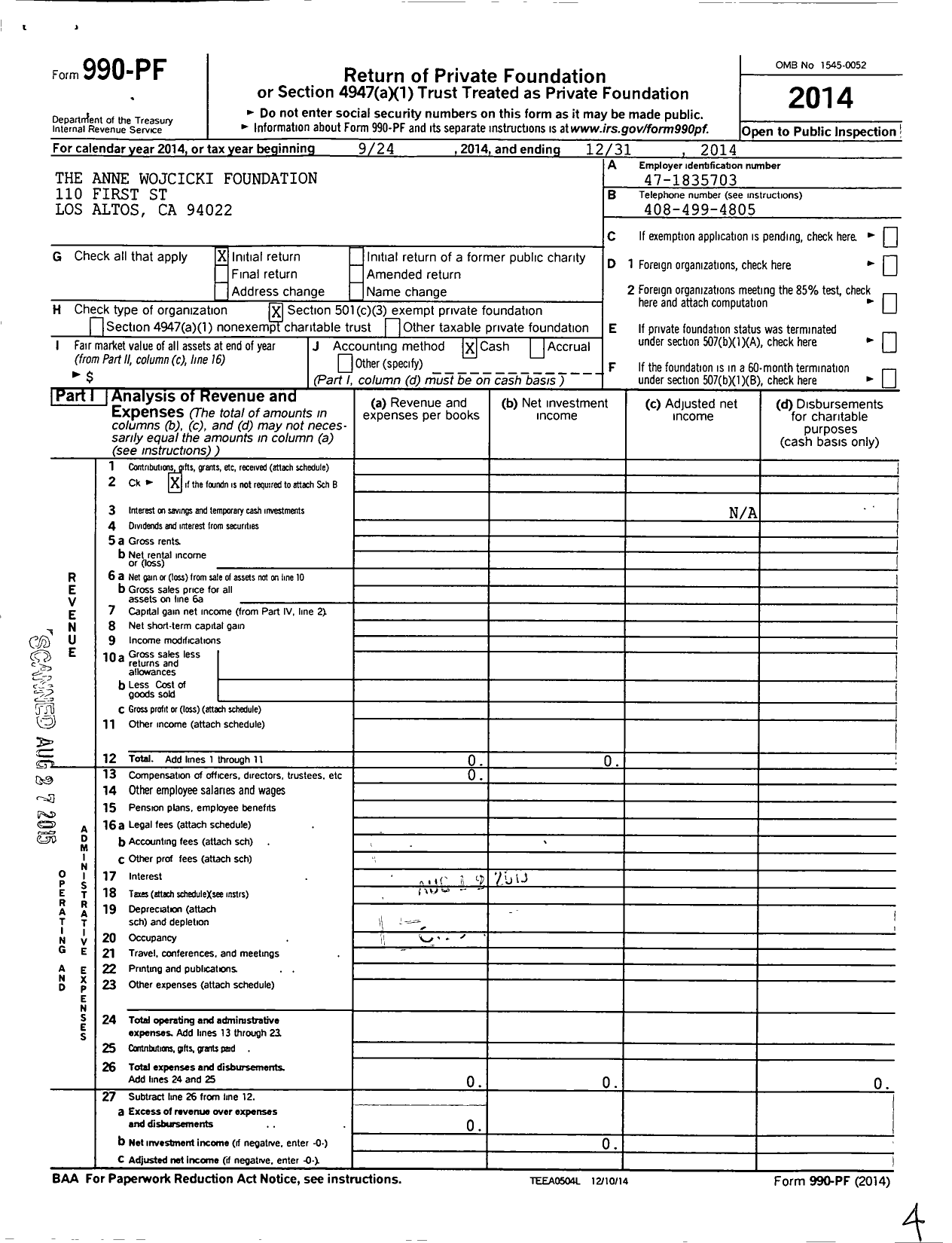 Image of first page of 2014 Form 990PF for The Anne Wojcicki Foundation