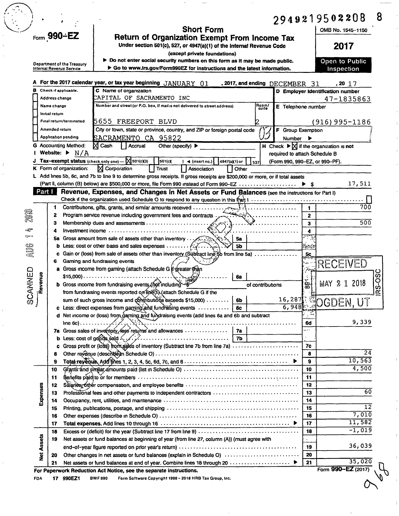 Image of first page of 2017 Form 990EZ for Capital of Sacramento