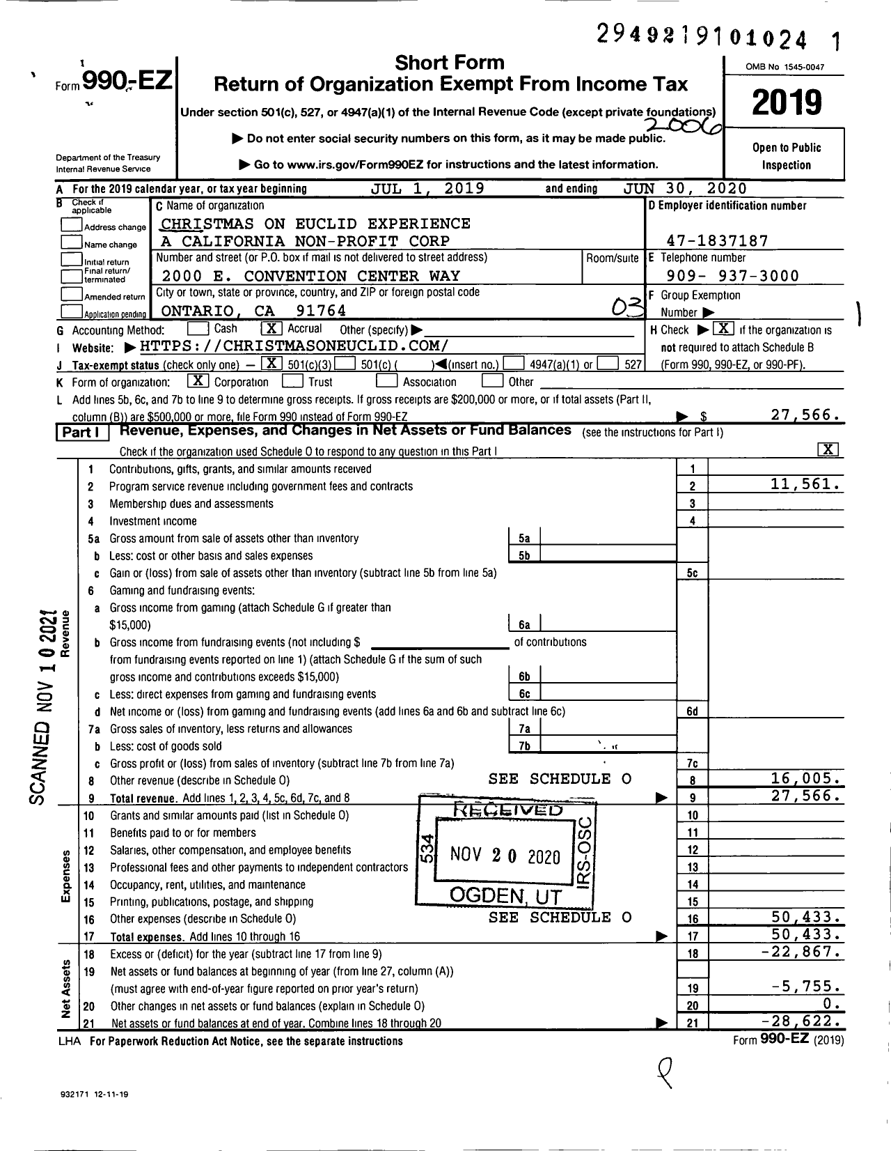 Image of first page of 2019 Form 990EZ for Christmas on Euclid Experience