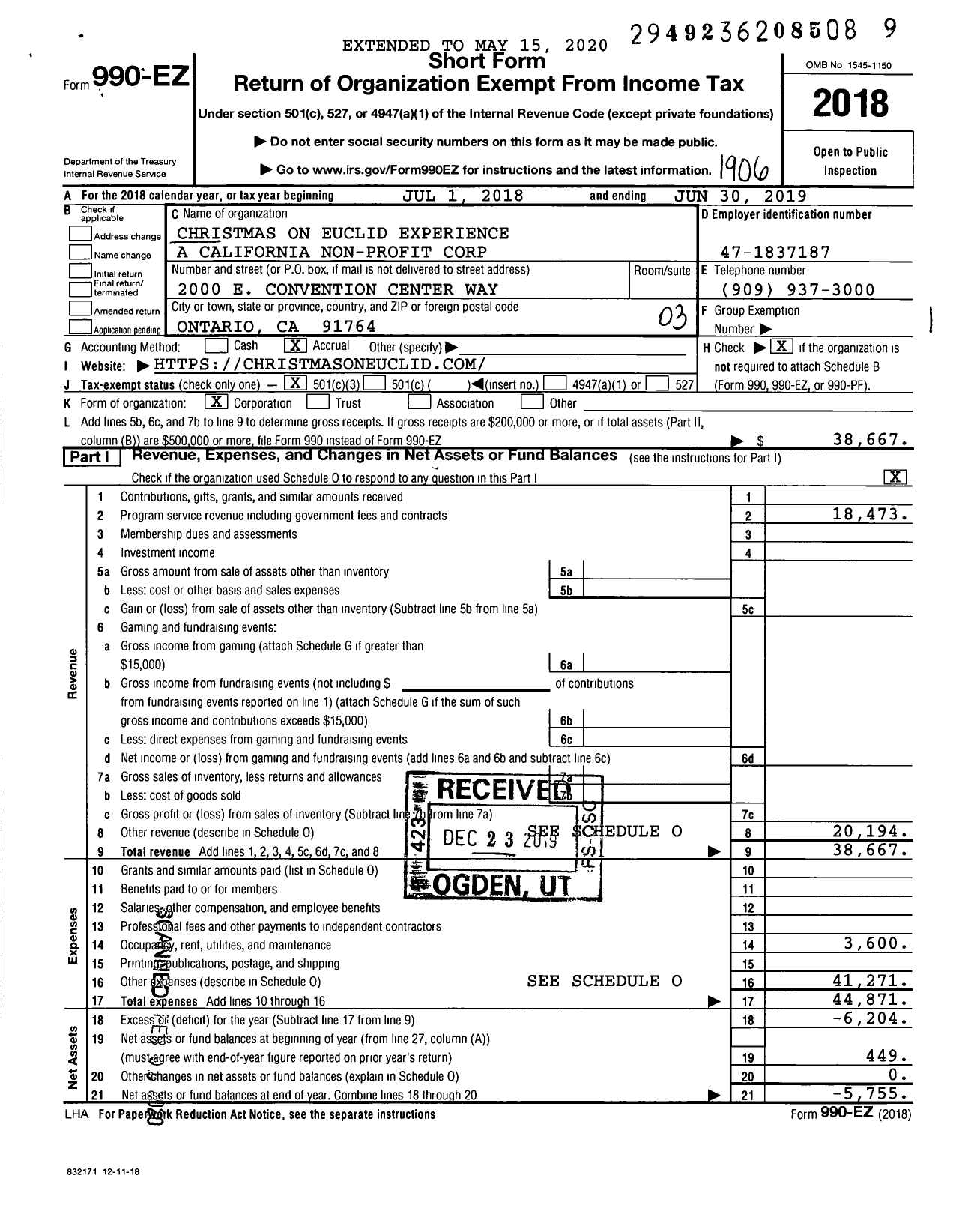 Image of first page of 2018 Form 990EZ for Christmas on Euclid Experience