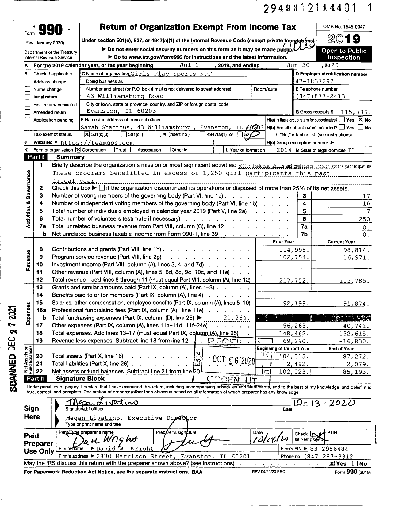 Image of first page of 2019 Form 990 for Girls Play Sports NFP