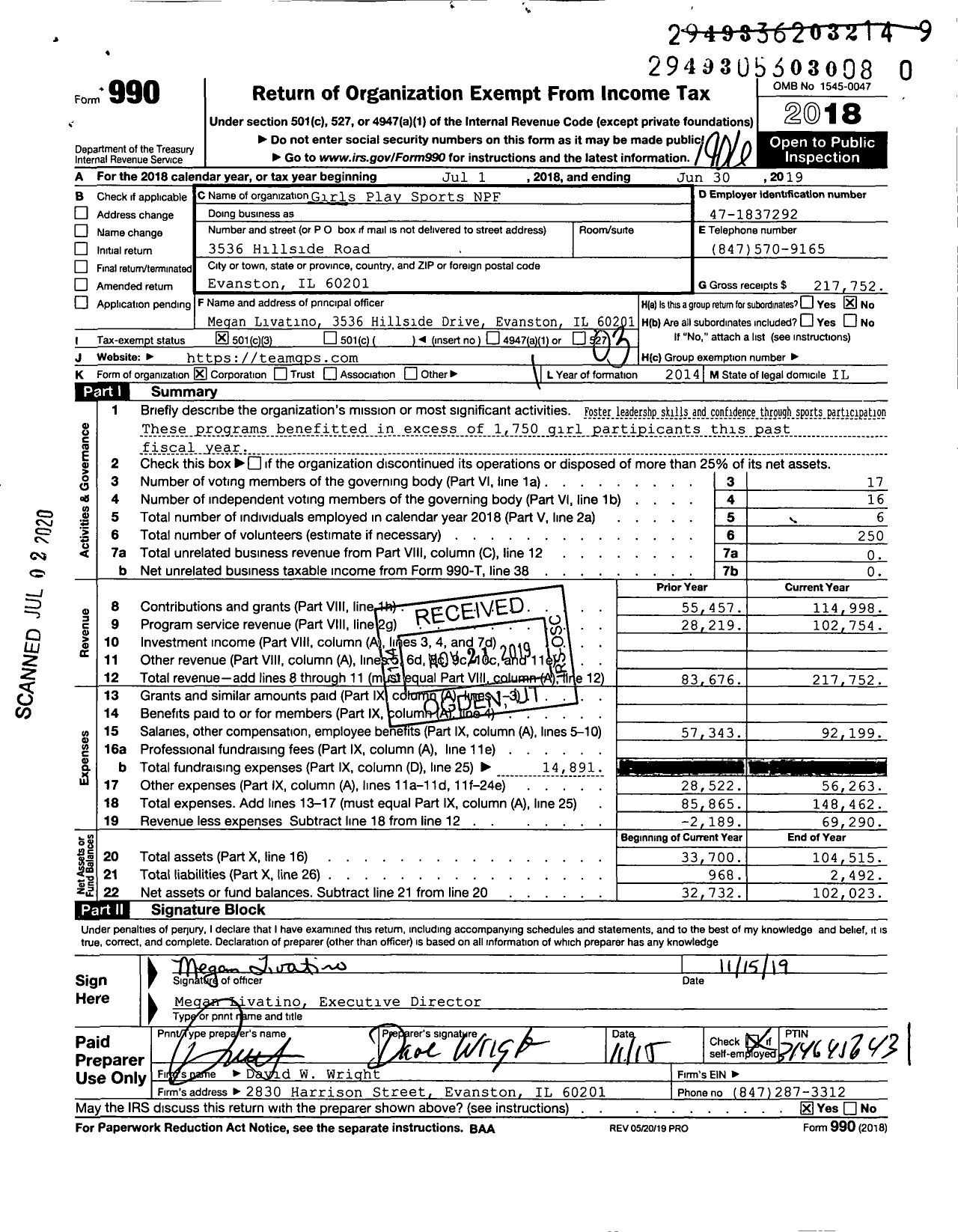 Image of first page of 2018 Form 990 for Girls Play Sports NFP