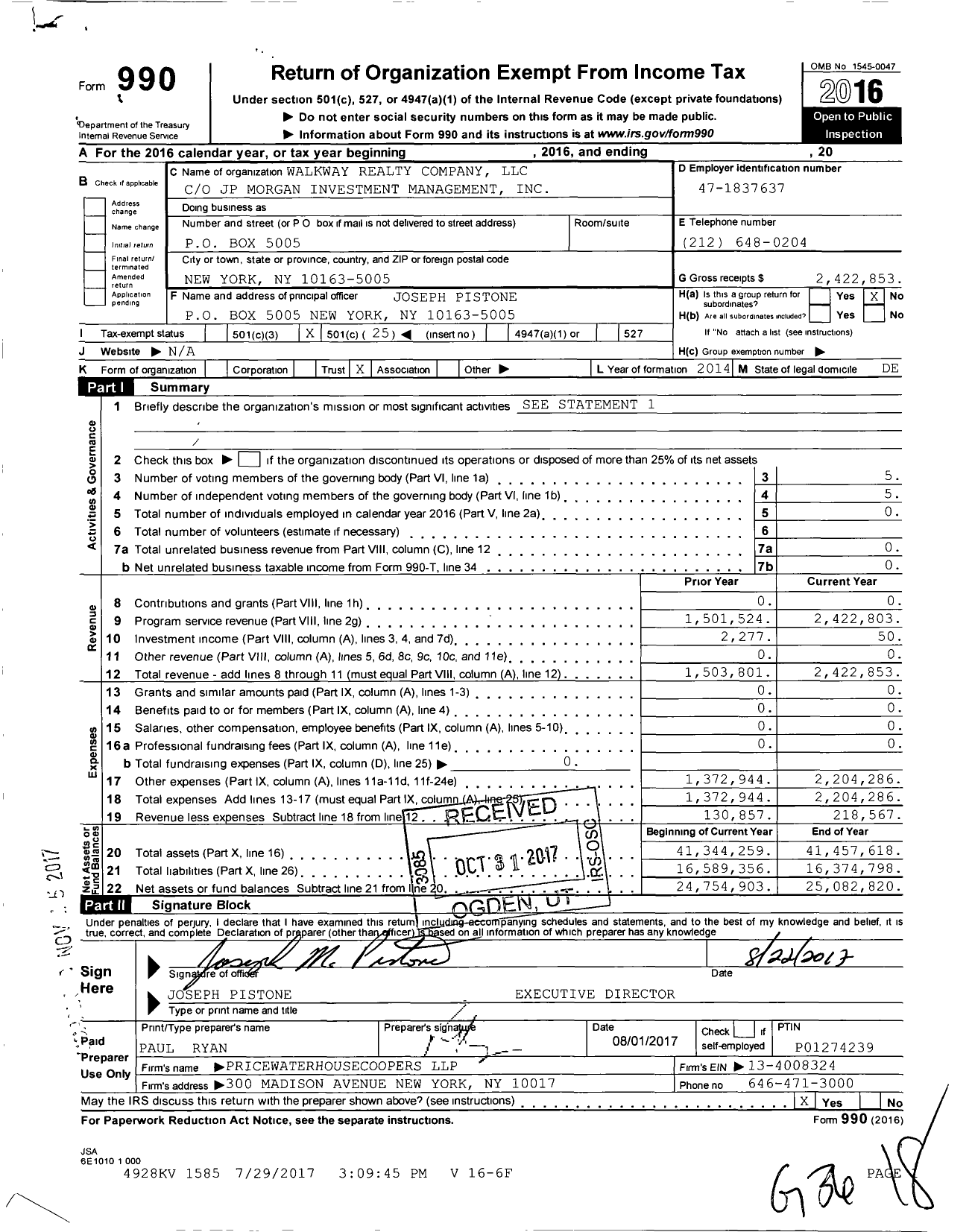 Image of first page of 2016 Form 990O for Walkway Realty Company LLC