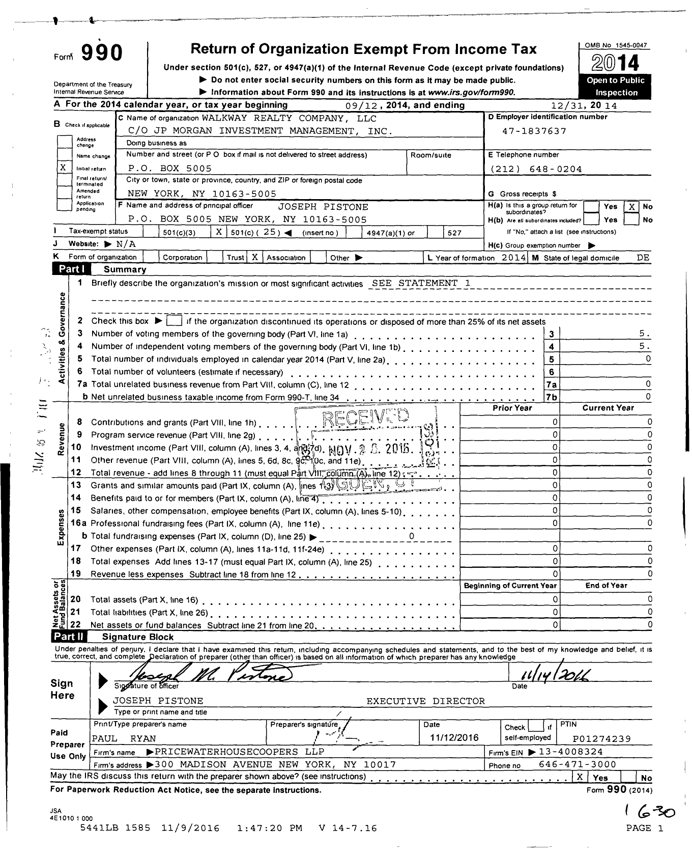 Image of first page of 2014 Form 990O for Walkway Realty Company LLC