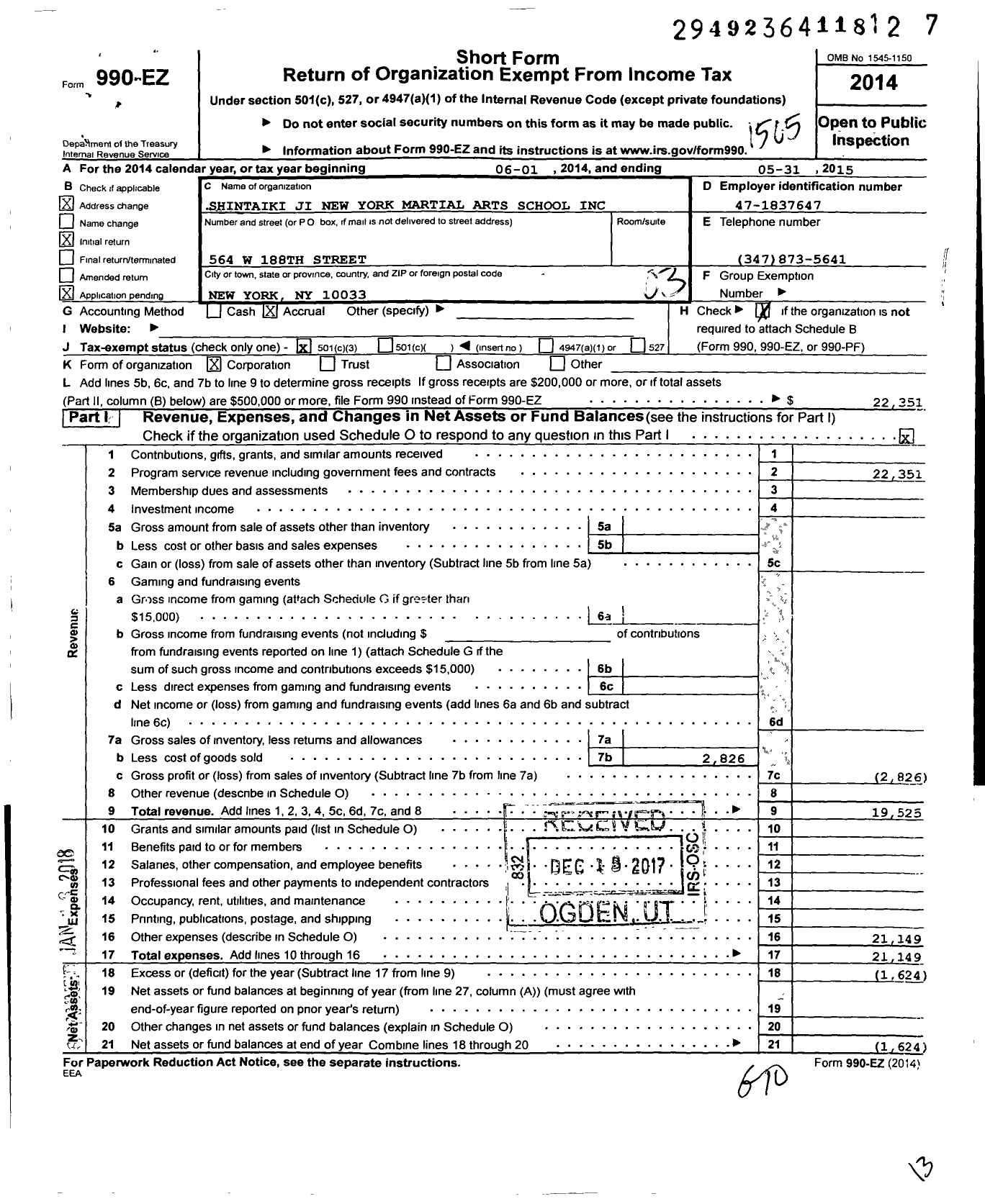 Image of first page of 2014 Form 990EZ for Shintaiki Ji New York Martial Arts School