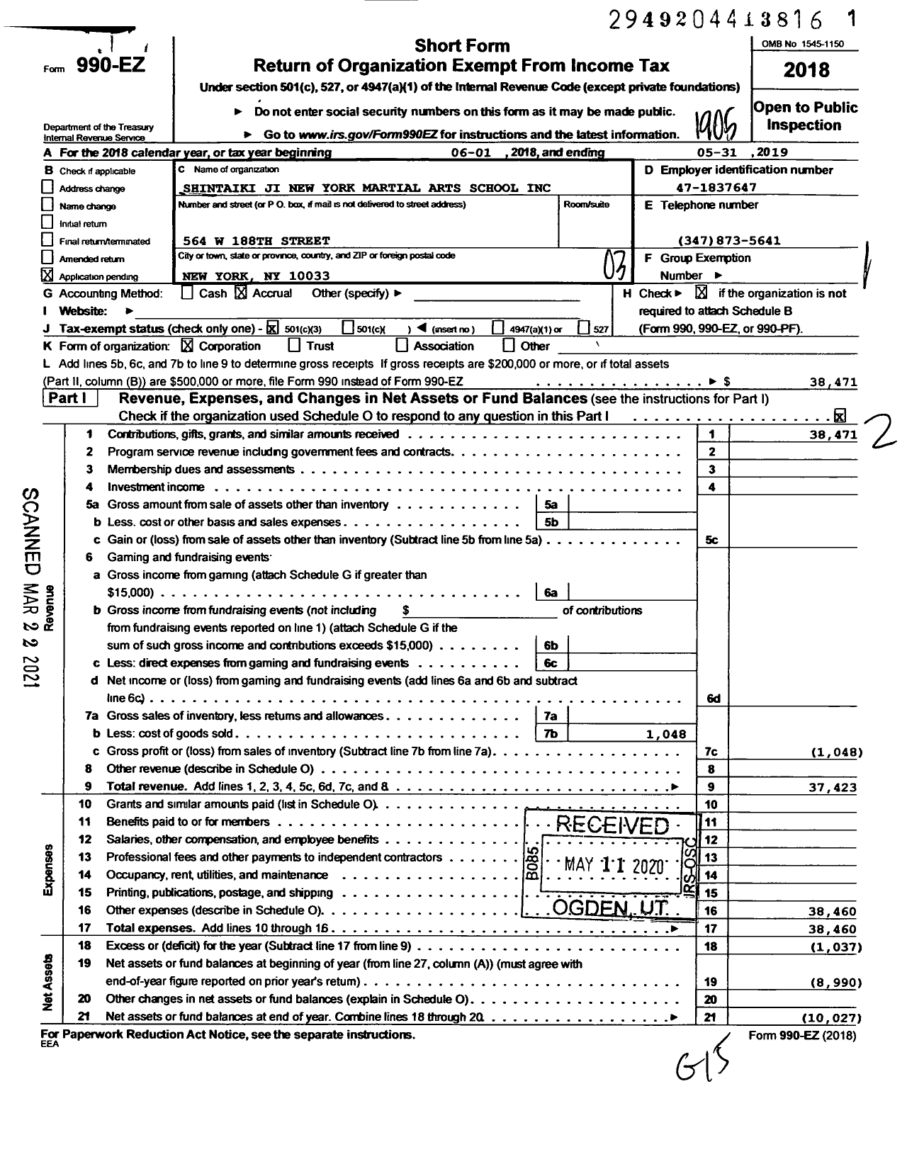 Image of first page of 2018 Form 990EZ for Shintaiki Ji New York Martial Arts School