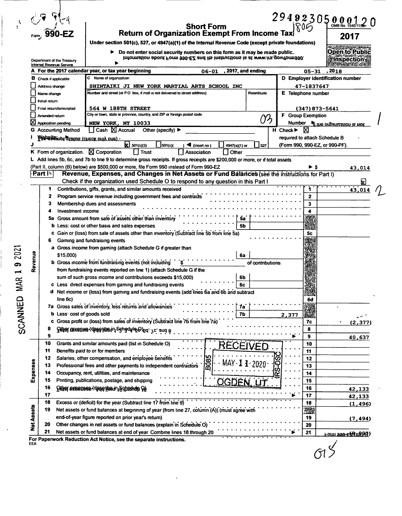 Image of first page of 2017 Form 990EZ for Shintaiki Ji New York Martial Arts School