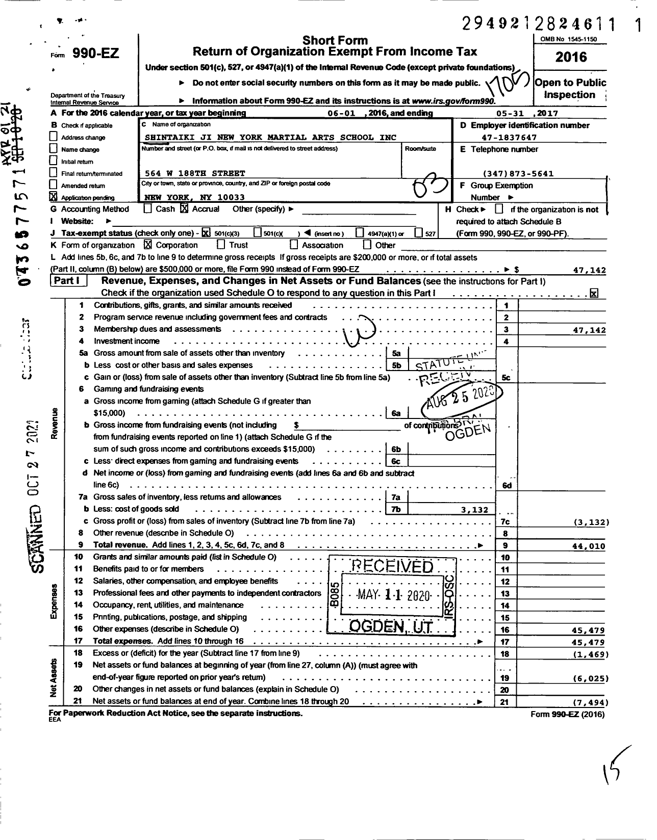 Image of first page of 2016 Form 990EZ for Shintaiki Ji New York Martial Arts School