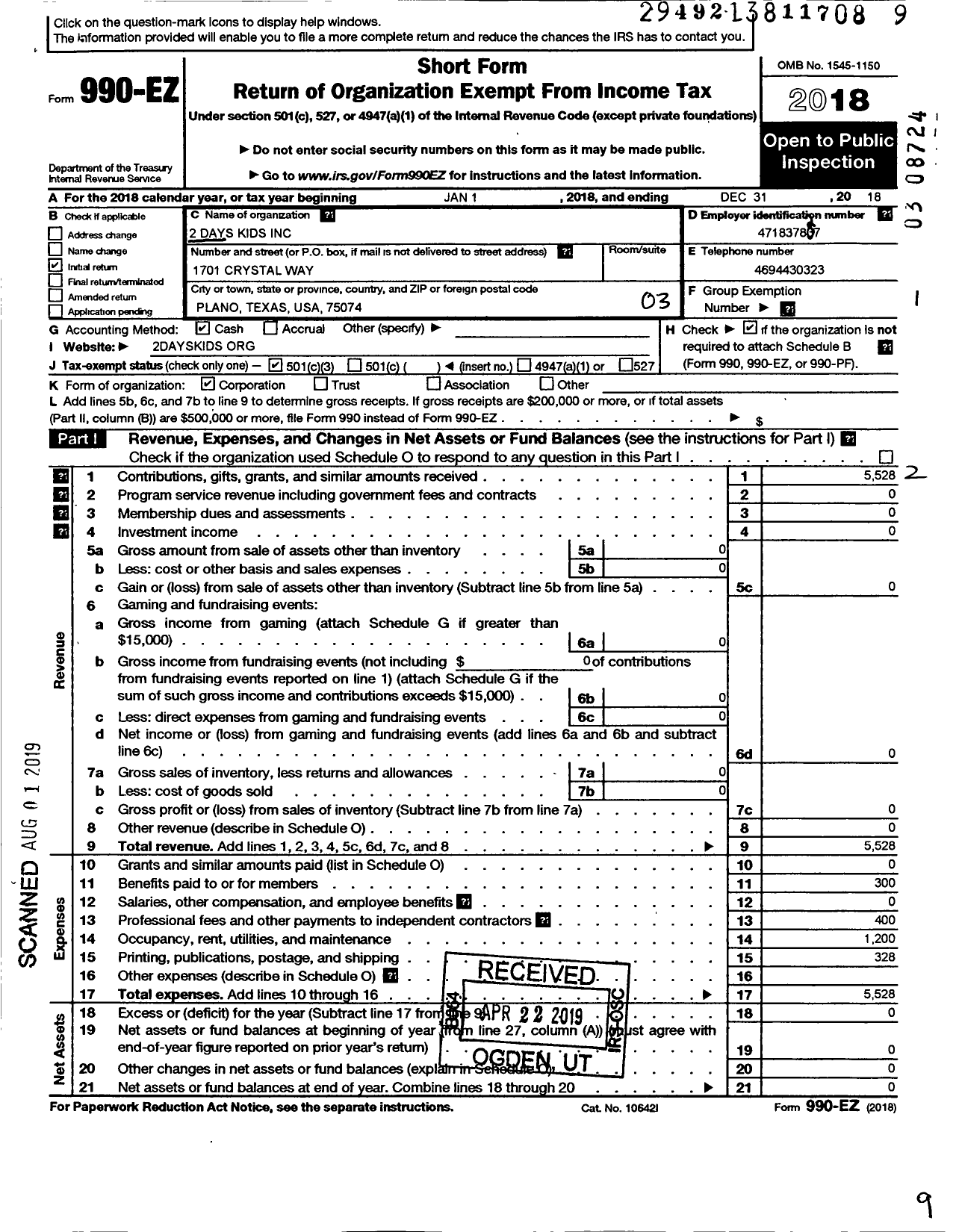 Image of first page of 2018 Form 990EZ for 2 Days Kids