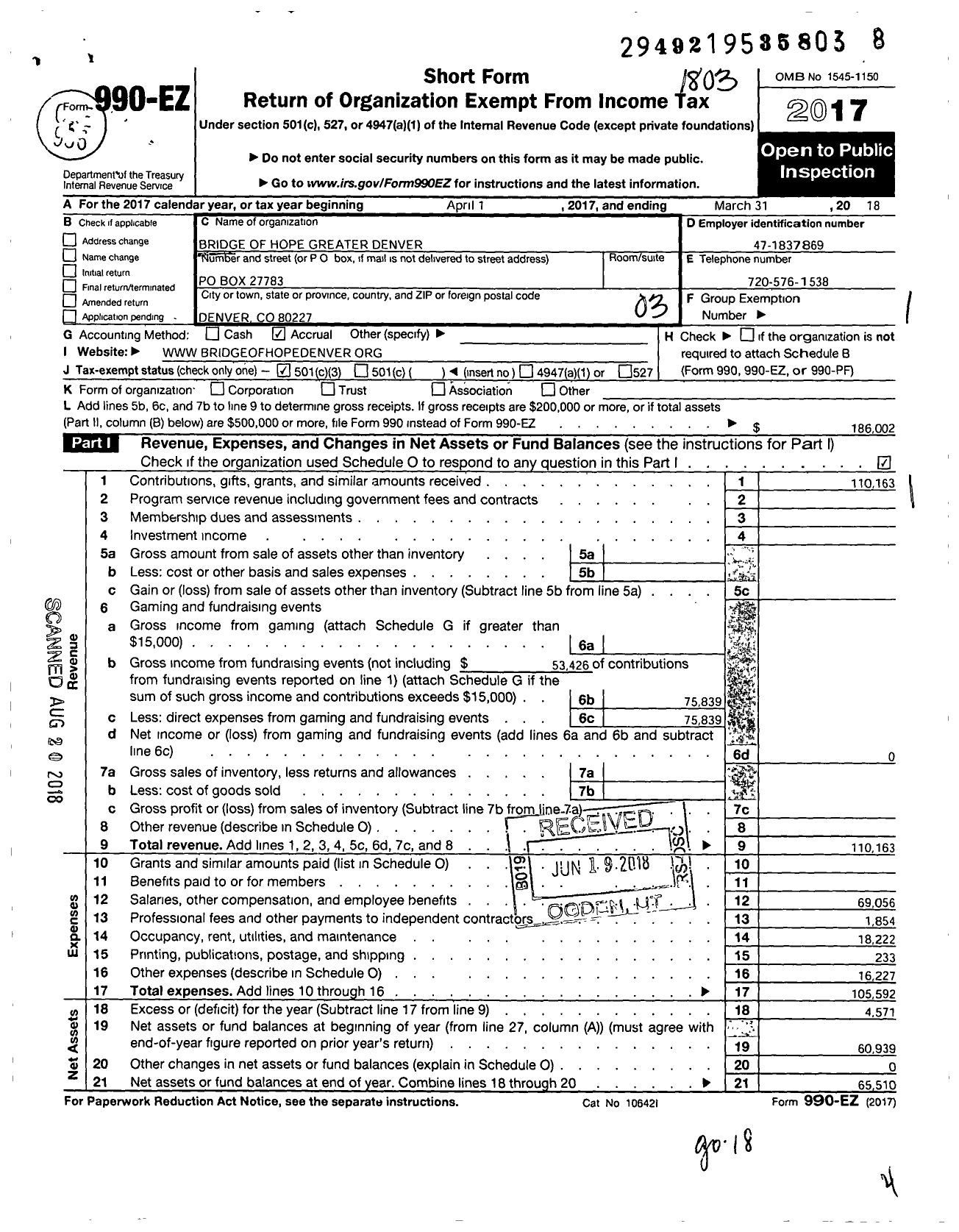 Image of first page of 2017 Form 990EZ for Bridge of Hope Greater Denver