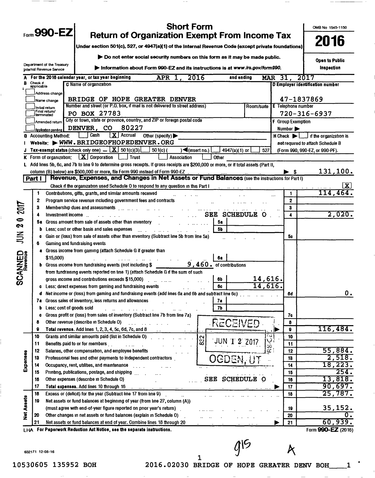 Image of first page of 2016 Form 990EZ for Bridge of Hope Greater Denver
