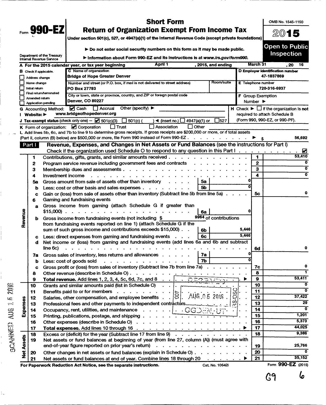 Image of first page of 2015 Form 990EZ for Bridge of Hope Greater Denver
