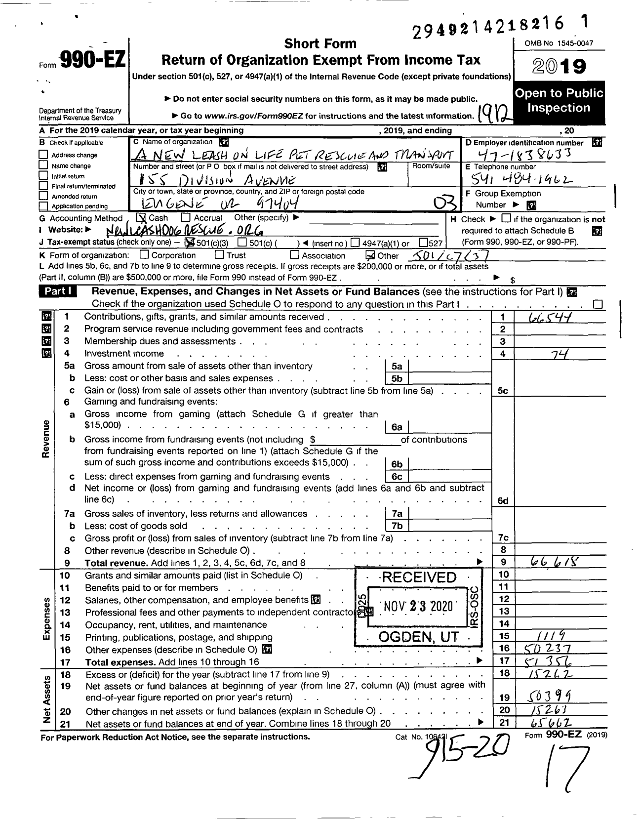 Image of first page of 2019 Form 990EZ for A New Leash on Life Pet Rescue and Transport