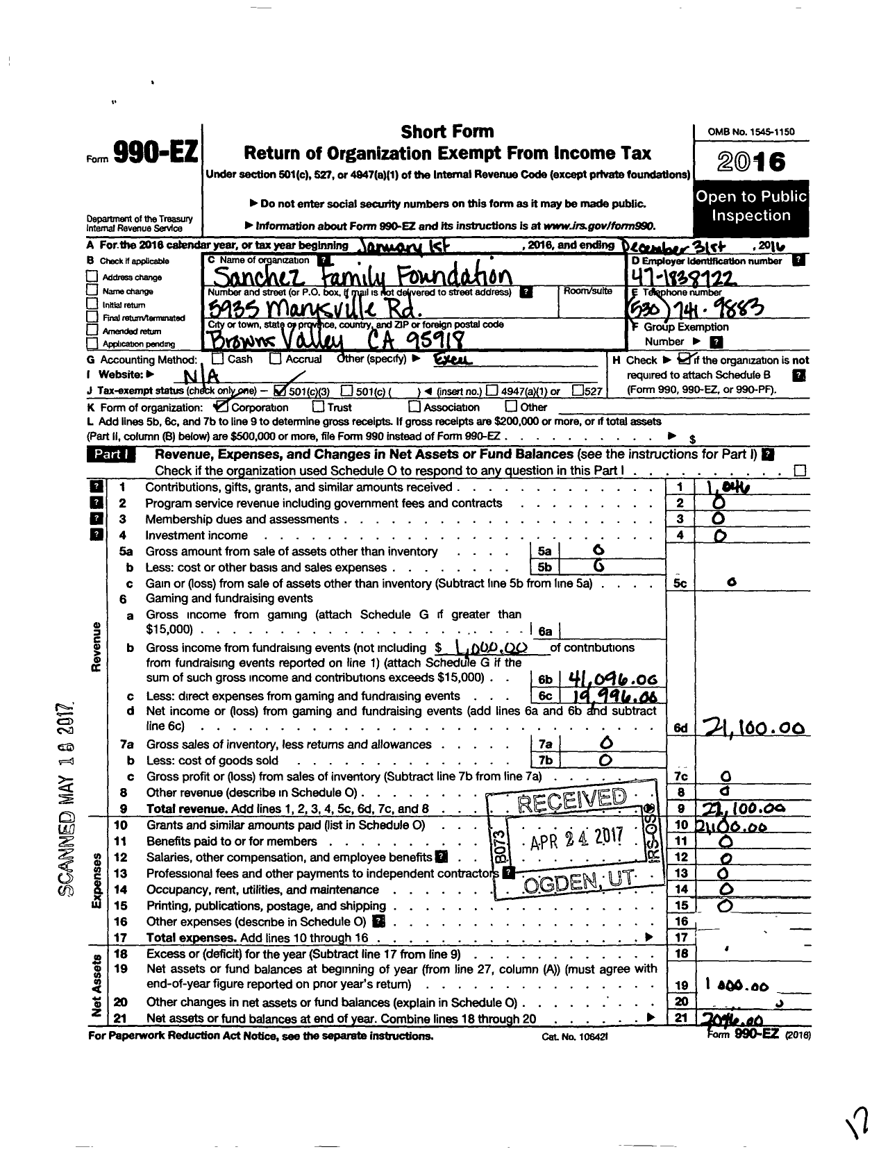 Image of first page of 2016 Form 990EZ for Sanchez Family Foundation