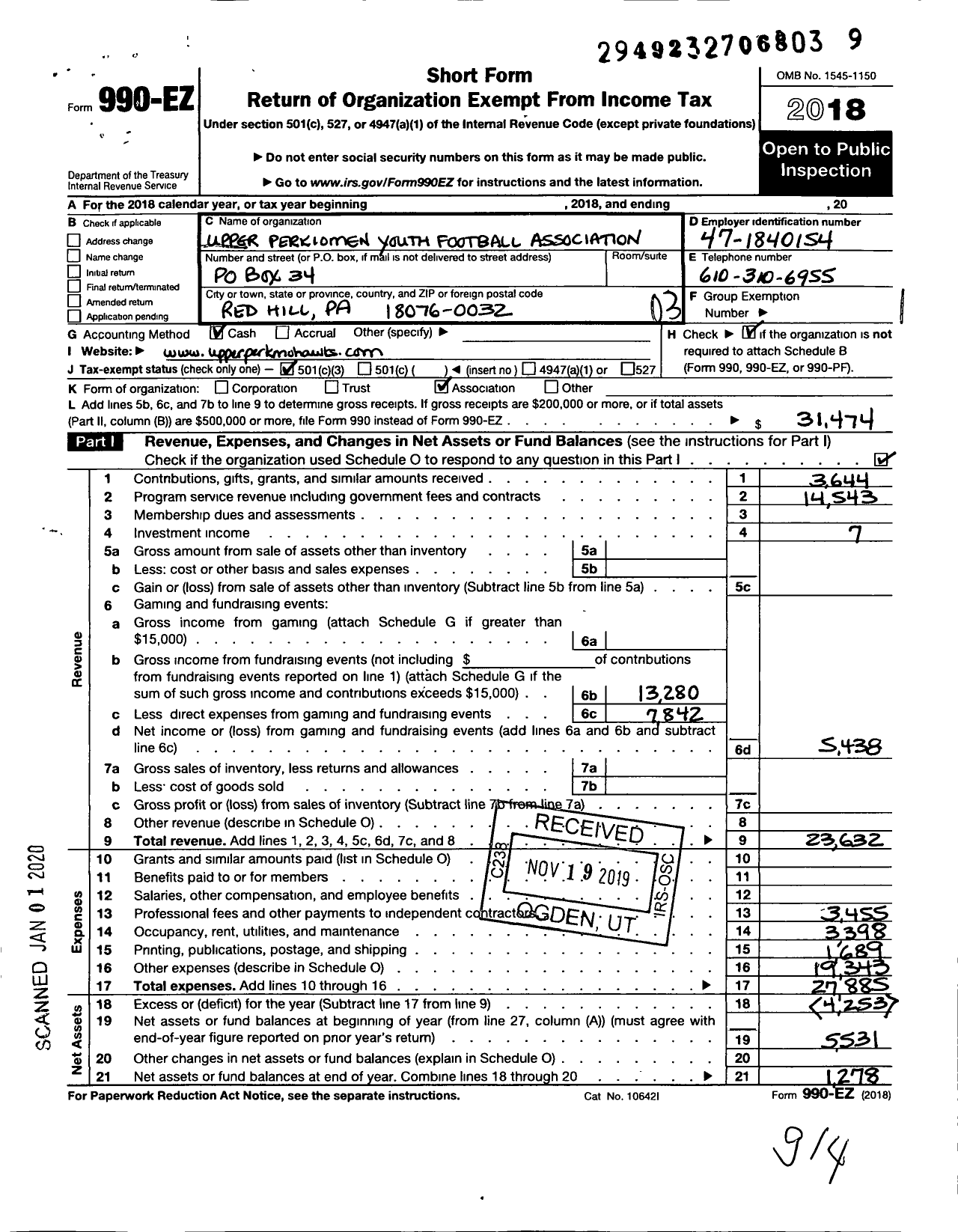 Image of first page of 2018 Form 990EZ for Upper Perkiomen Youth Football