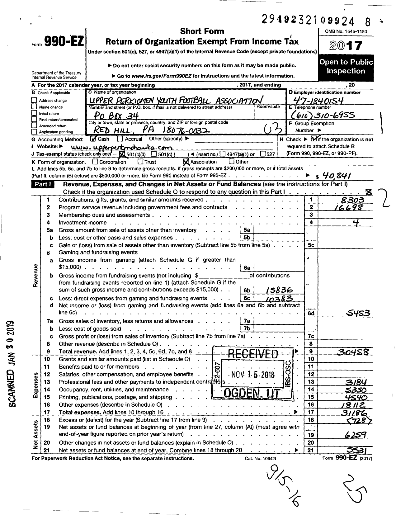 Image of first page of 2017 Form 990EZ for Upper Perkiomen Youth Football