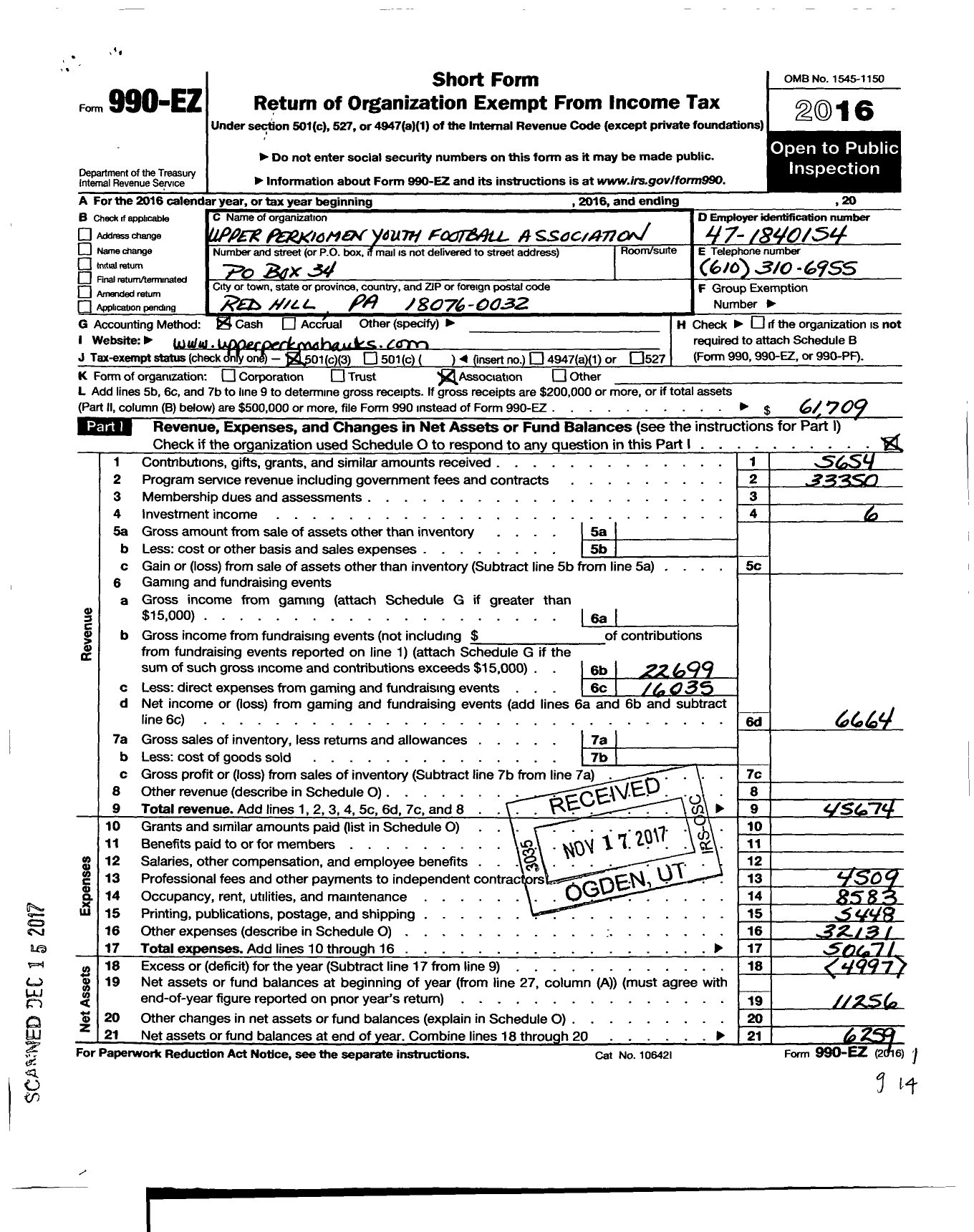 Image of first page of 2016 Form 990EZ for Upper Perkiomen Youth Football