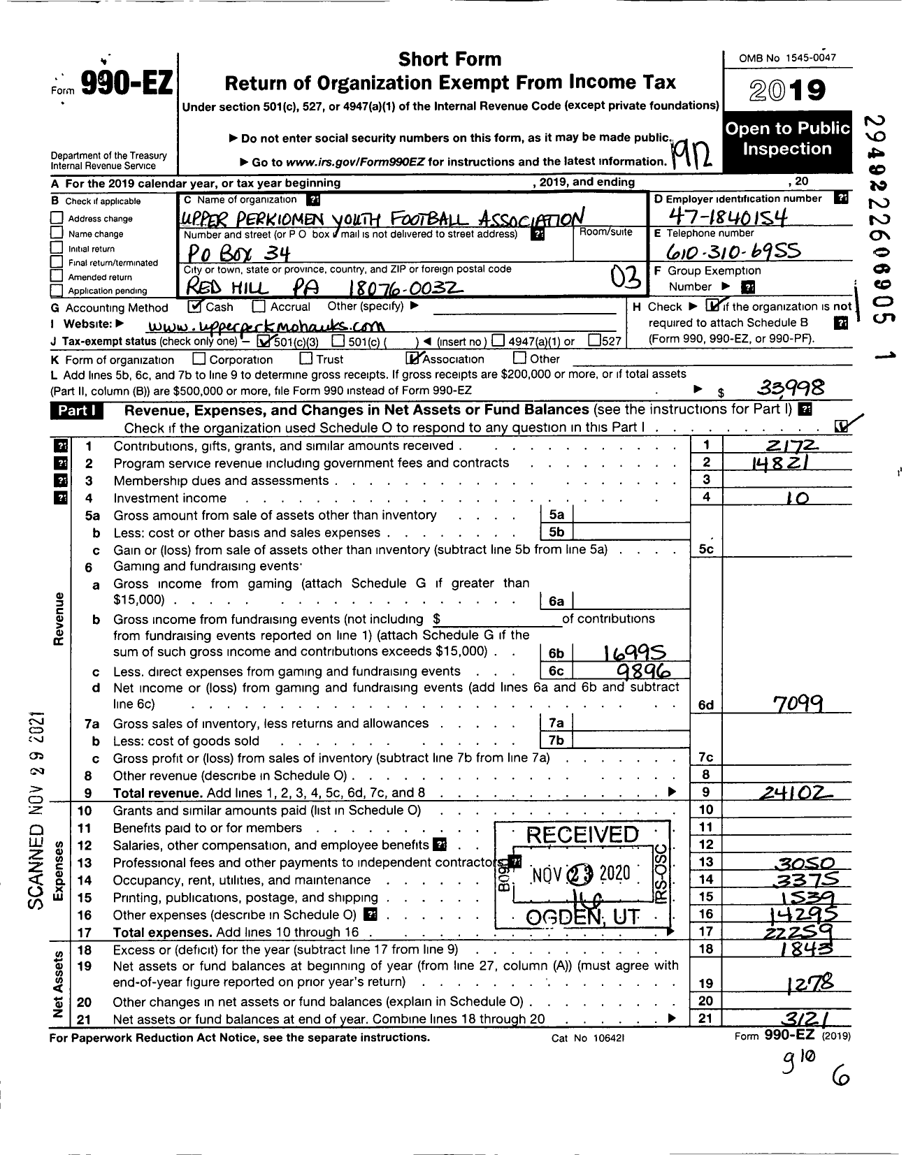 Image of first page of 2019 Form 990EZ for Upper Perkiomen Youth Football