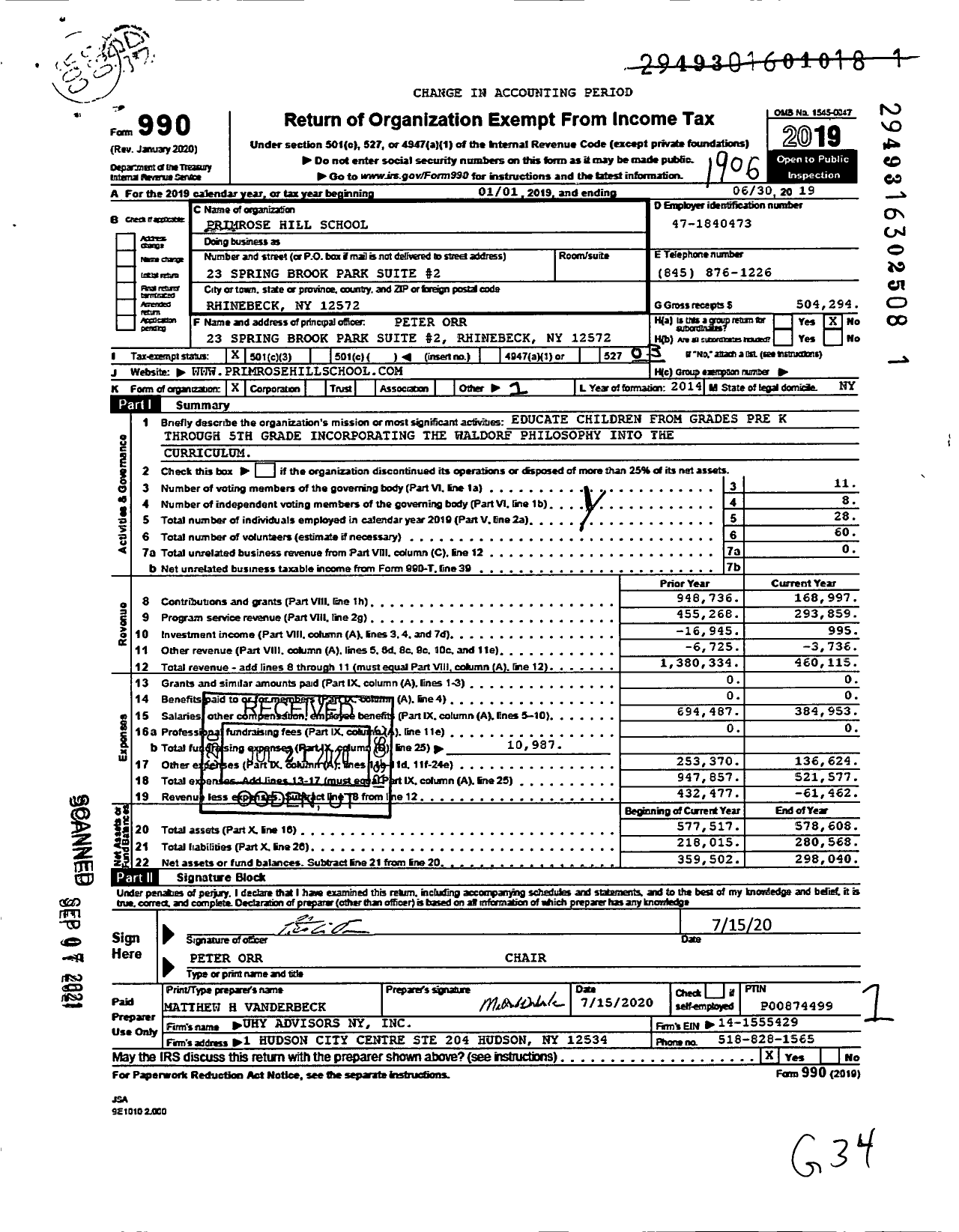 Image of first page of 2018 Form 990 for Primrose Hill School