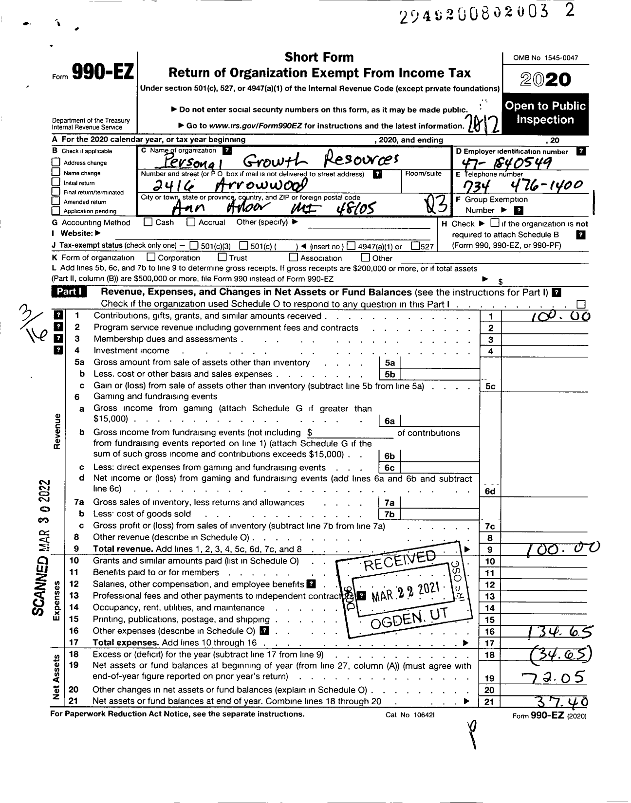 Image of first page of 2020 Form 990EZ for Personal Growth Resources