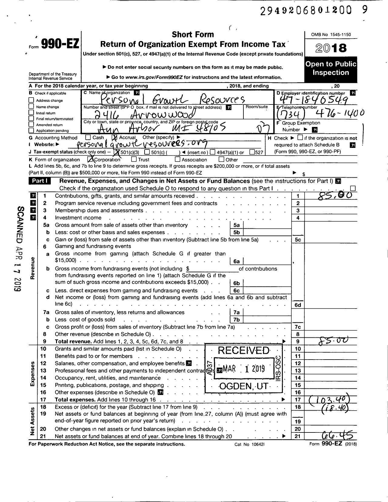 Image of first page of 2018 Form 990EZ for Personal Growth Resources