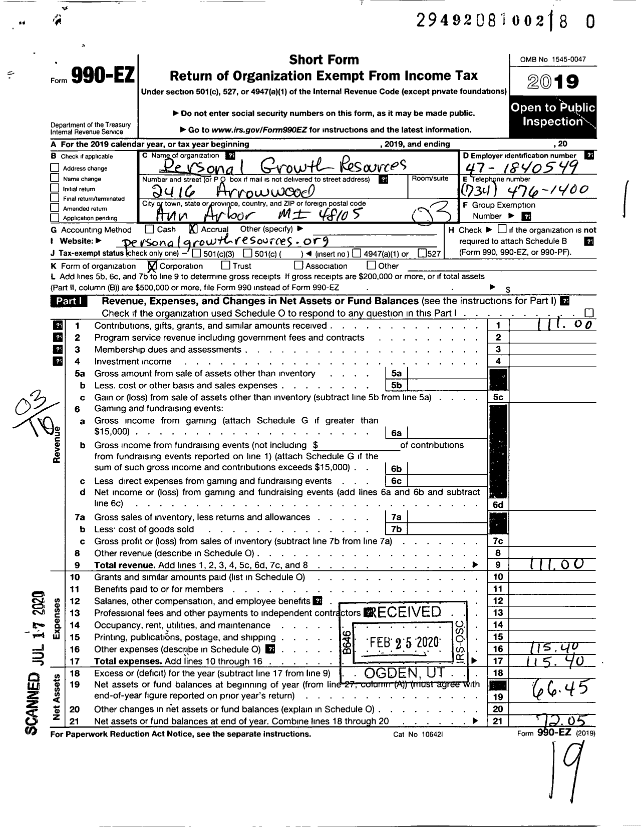 Image of first page of 2019 Form 990EZ for Personal Growth Resources