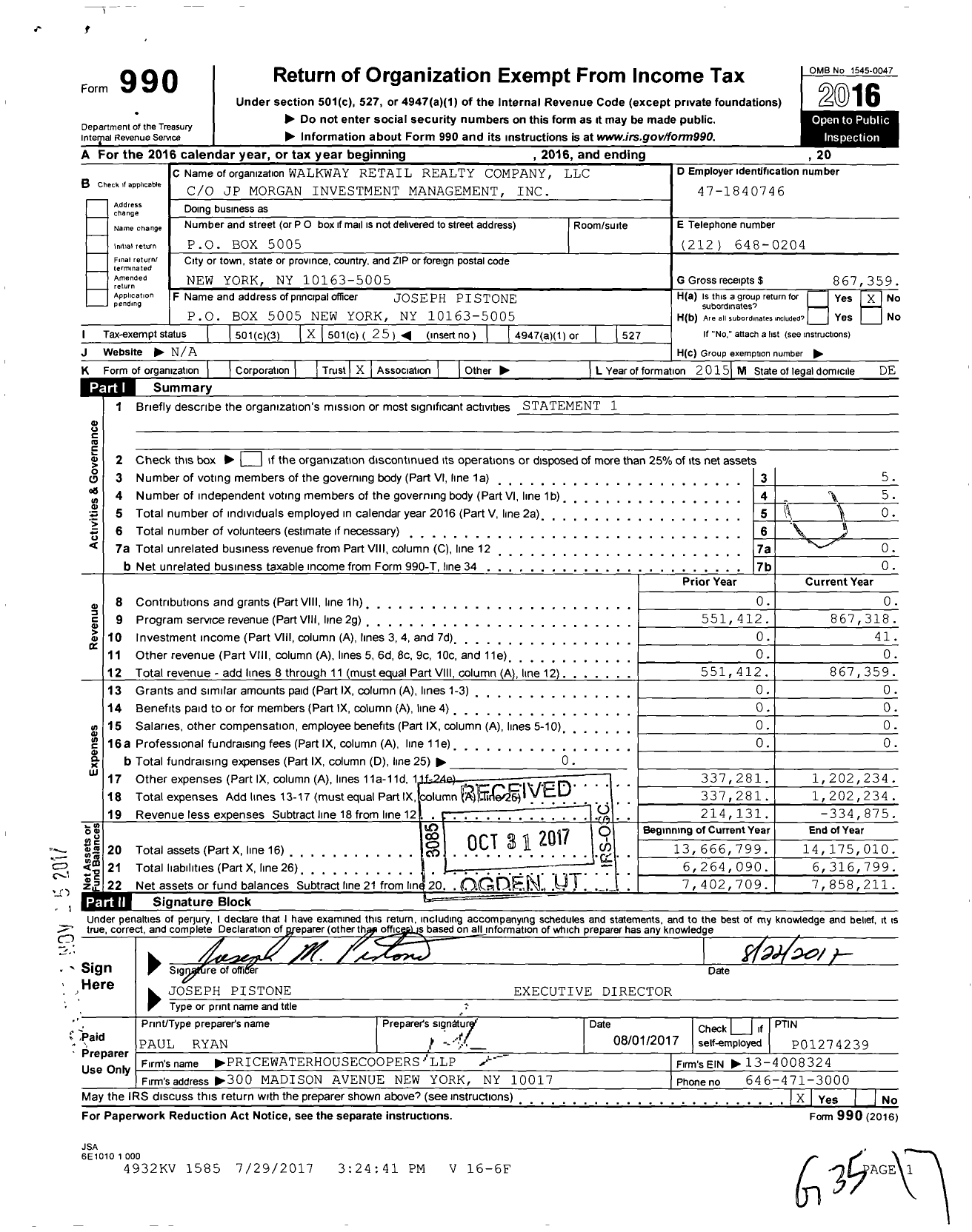 Image of first page of 2016 Form 990O for Walkway Retail Realty Company LLC