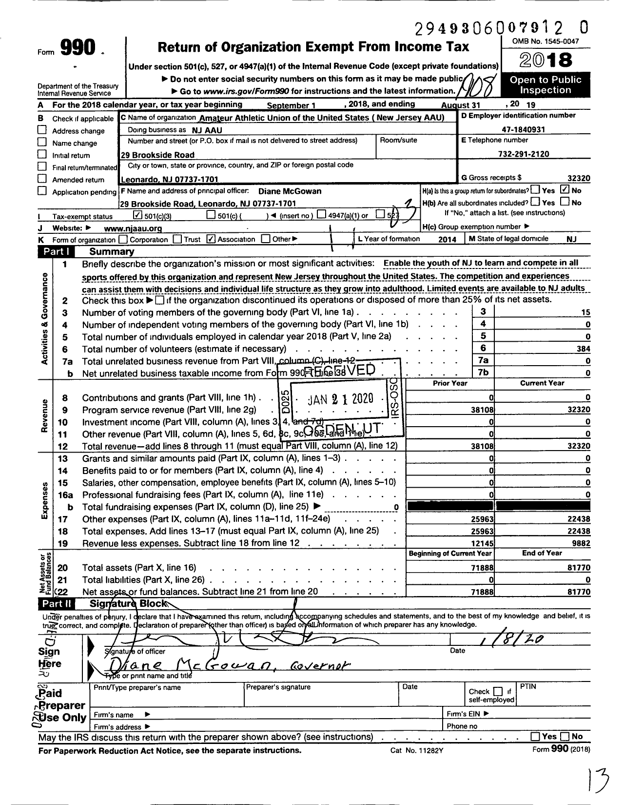 Image of first page of 2018 Form 990 for Amateur Athletic Union of the United States - New Jersey Aau