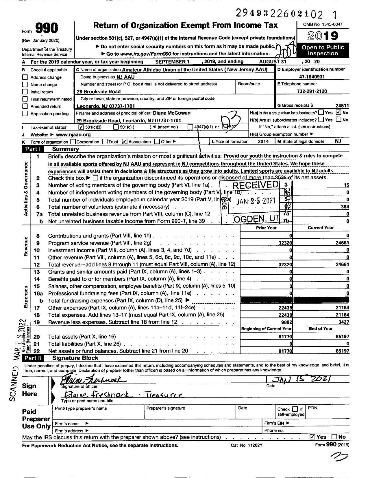 Image of first page of 2019 Form 990 for Amateur Athletic Union of the United States - New Jersey Aau