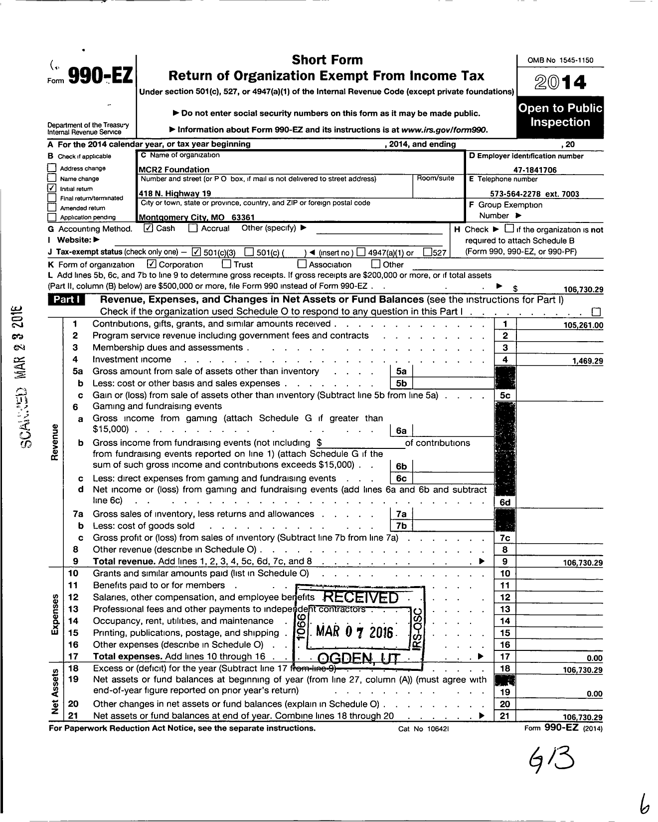 Image of first page of 2014 Form 990EZ for MCR2 Foundation