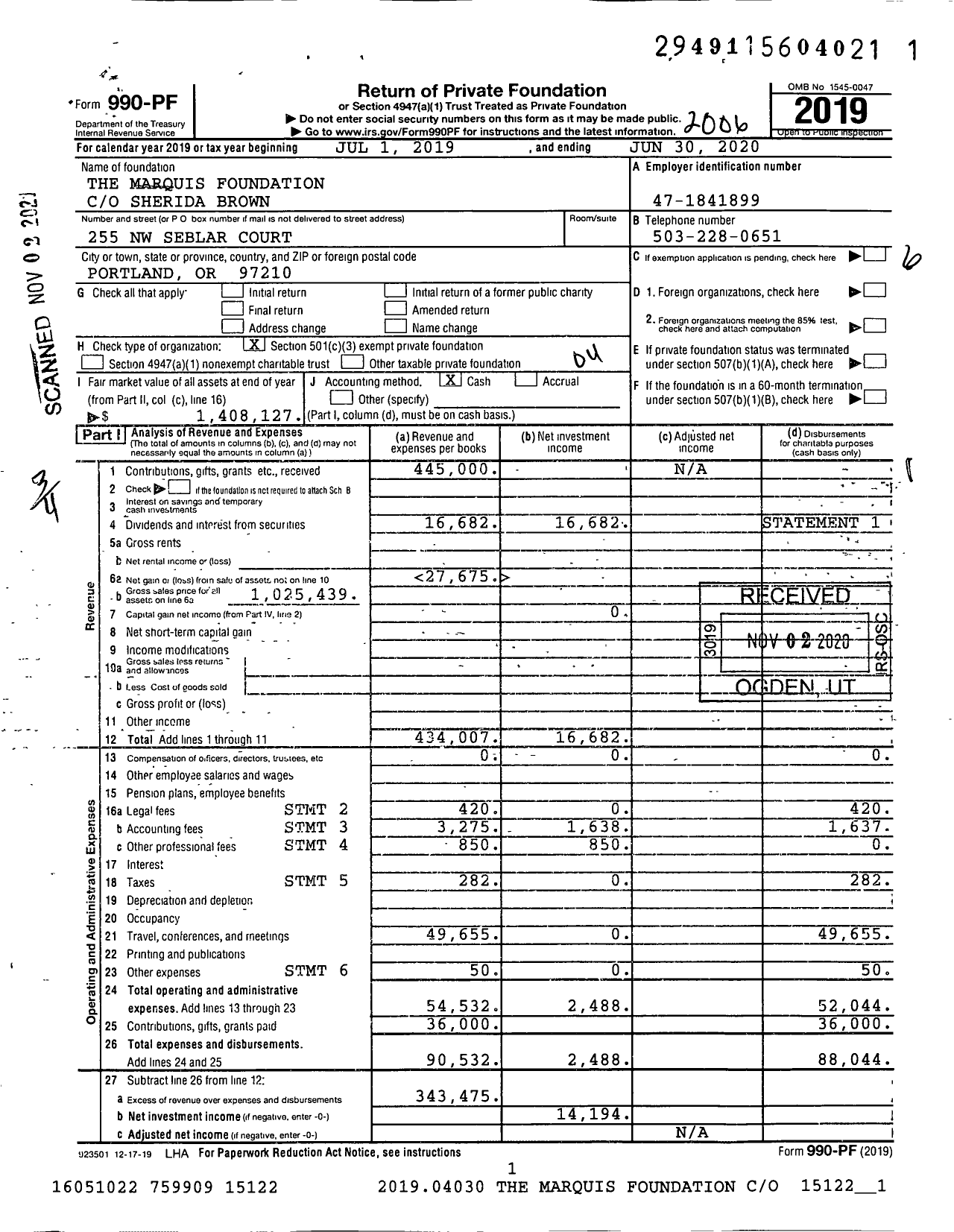 Image of first page of 2019 Form 990PF for The Marquis Foundation