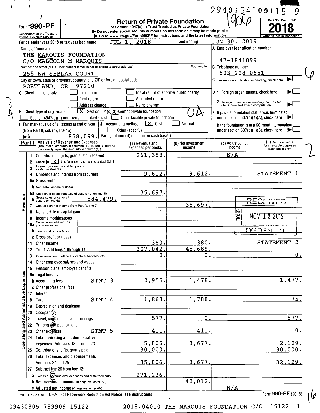 Image of first page of 2018 Form 990PF for The Marquis Foundation