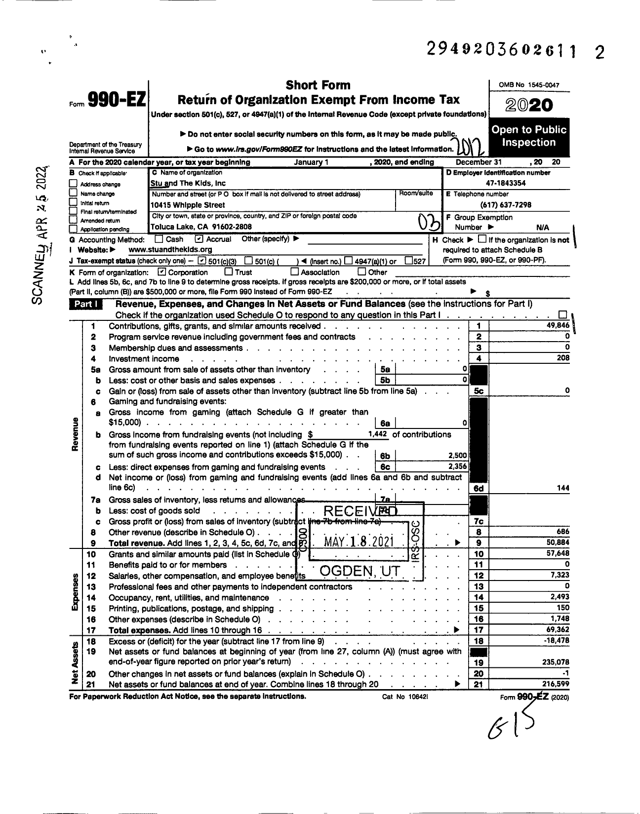 Image of first page of 2020 Form 990EZ for Stu and the Kids