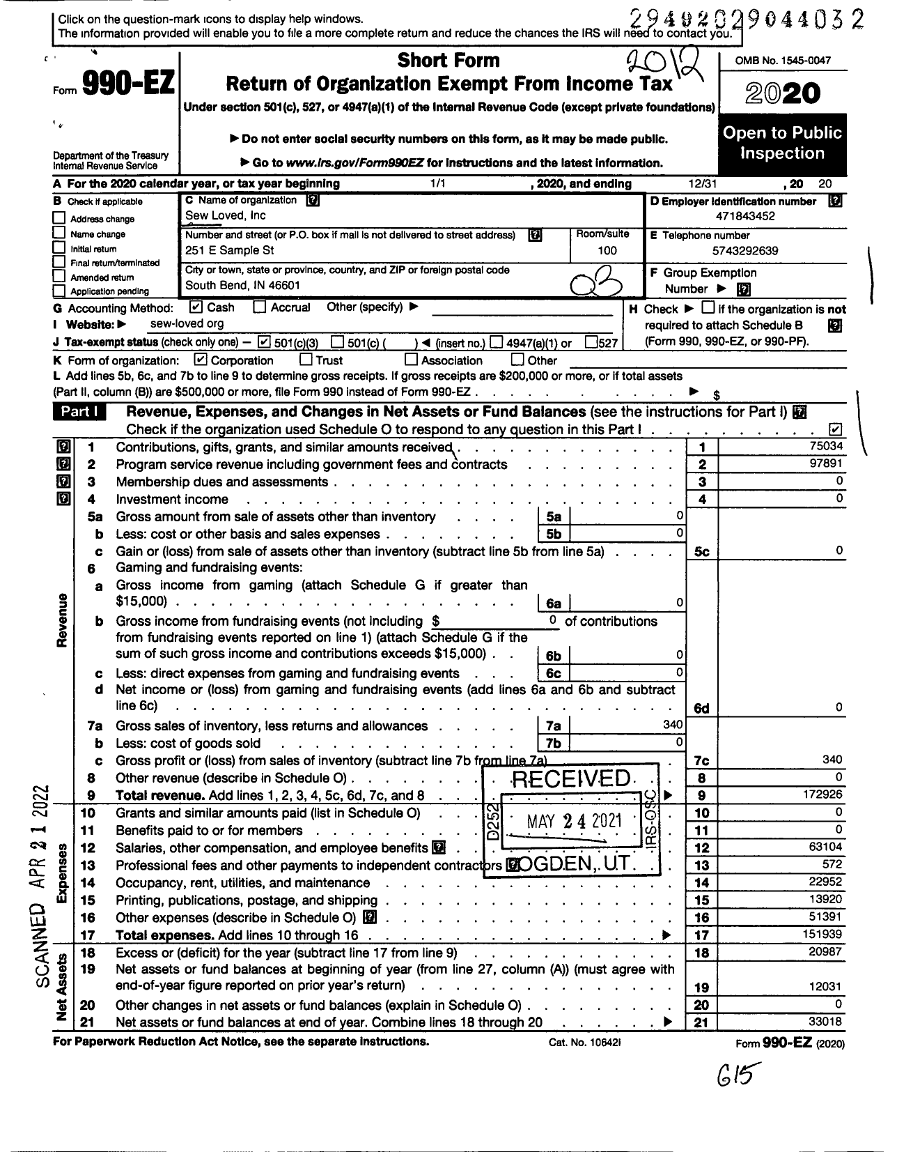 Image of first page of 2020 Form 990EZ for Sew Loved