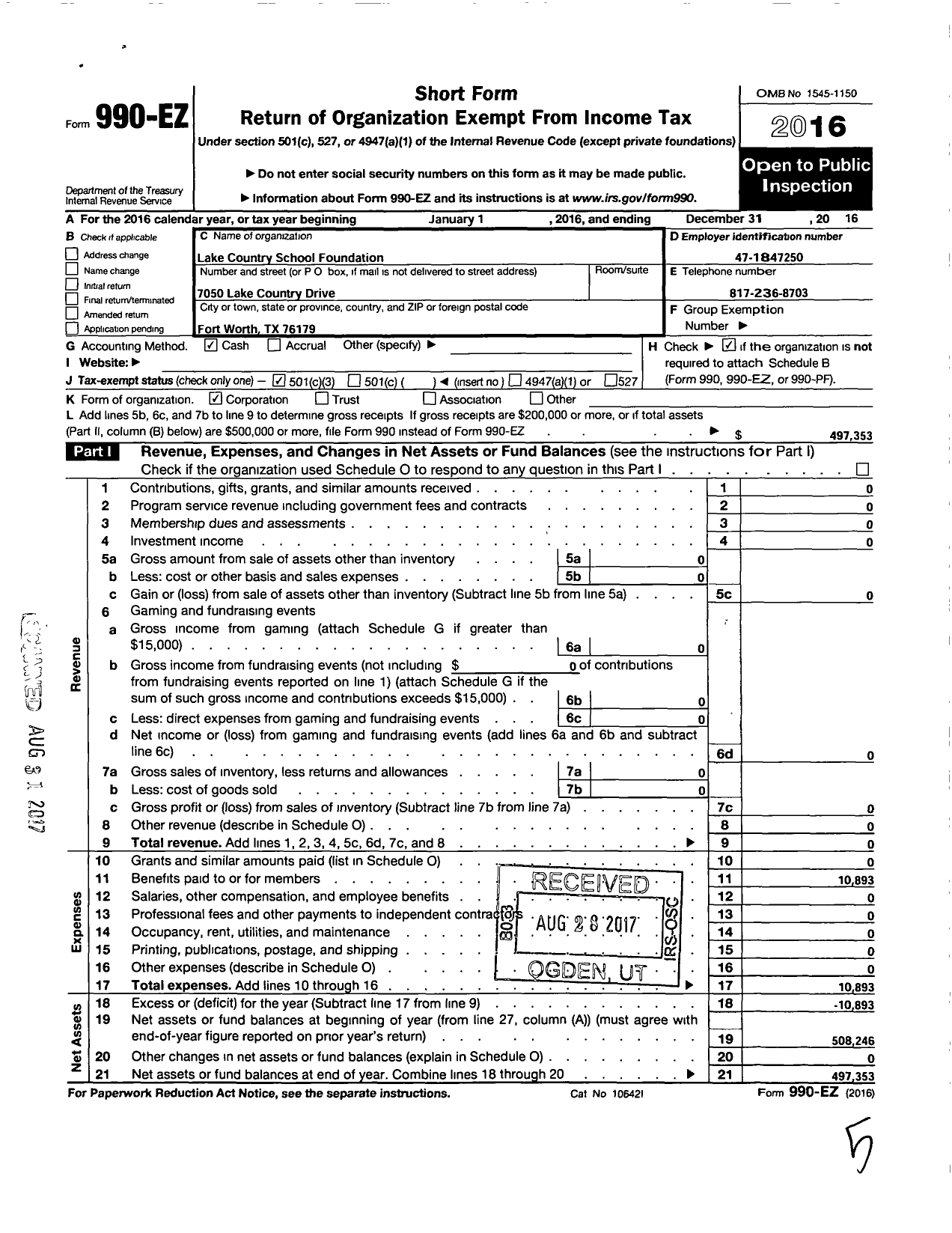 Image of first page of 2016 Form 990EZ for Lake Country School Foundation