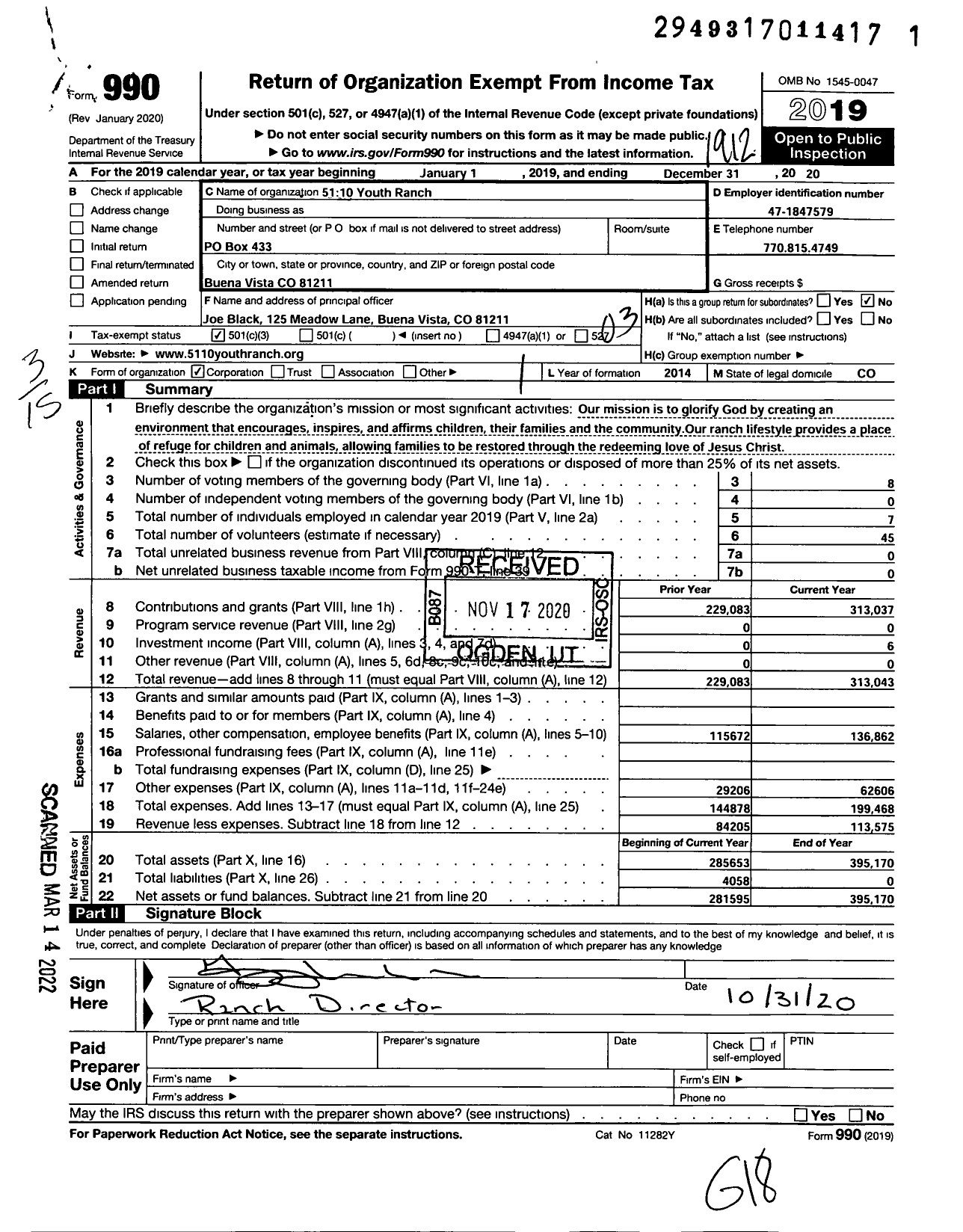 Image of first page of 2019 Form 990 for 5110 Youth Ranch