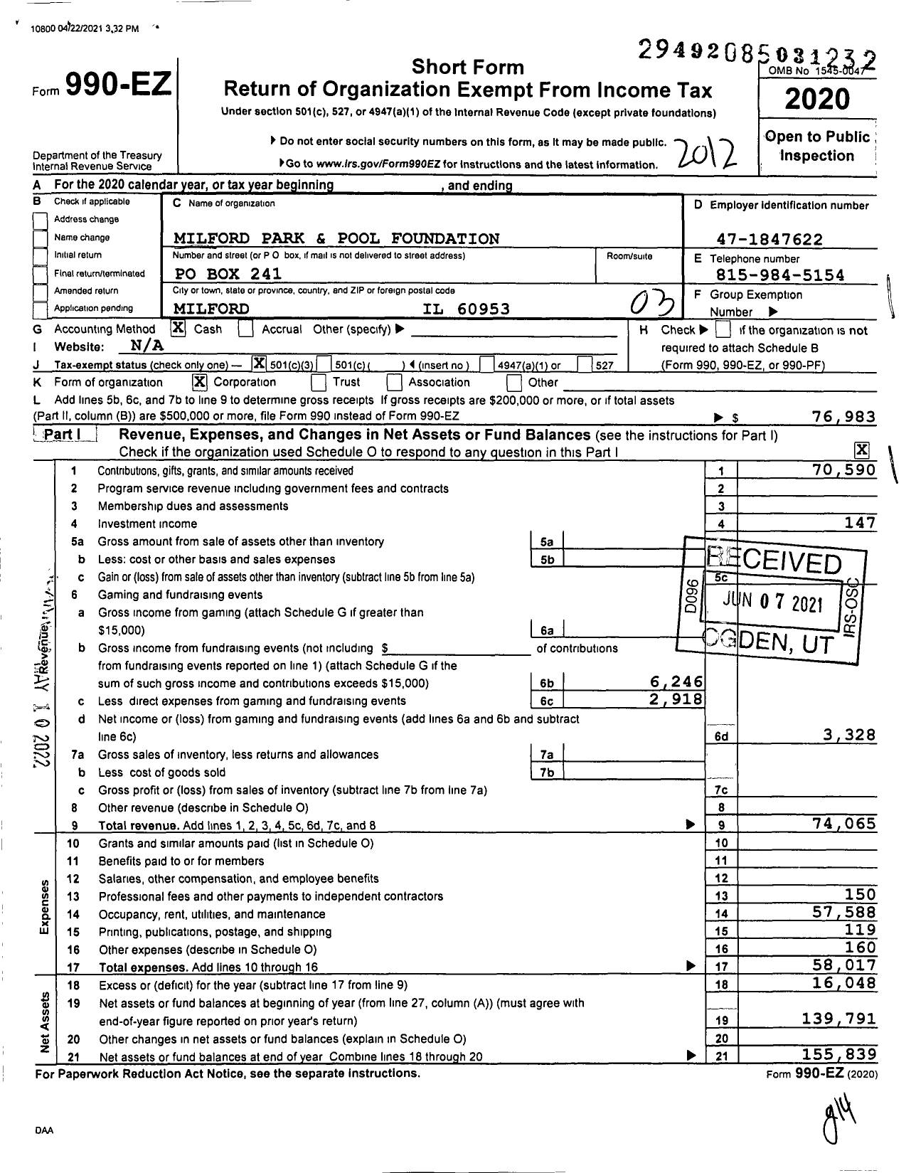 Image of first page of 2020 Form 990EZ for Milford Park and Pool Foundation